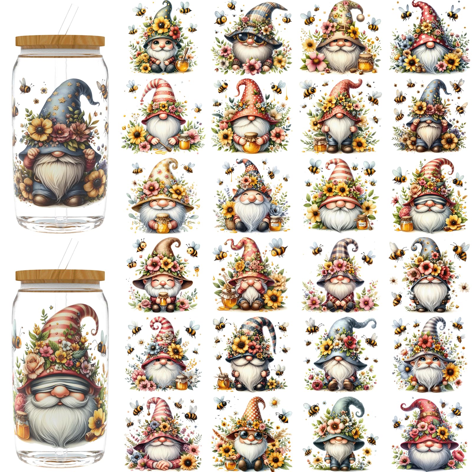 CHNVICK 24PCS UV DTF Cup Wraps for 16 oz,Bee Gnome UV DTF Cup Wrap Stickers Smooth and Durable, Vivid Colors,Suitable for Mugs, Cell Phone Cases,