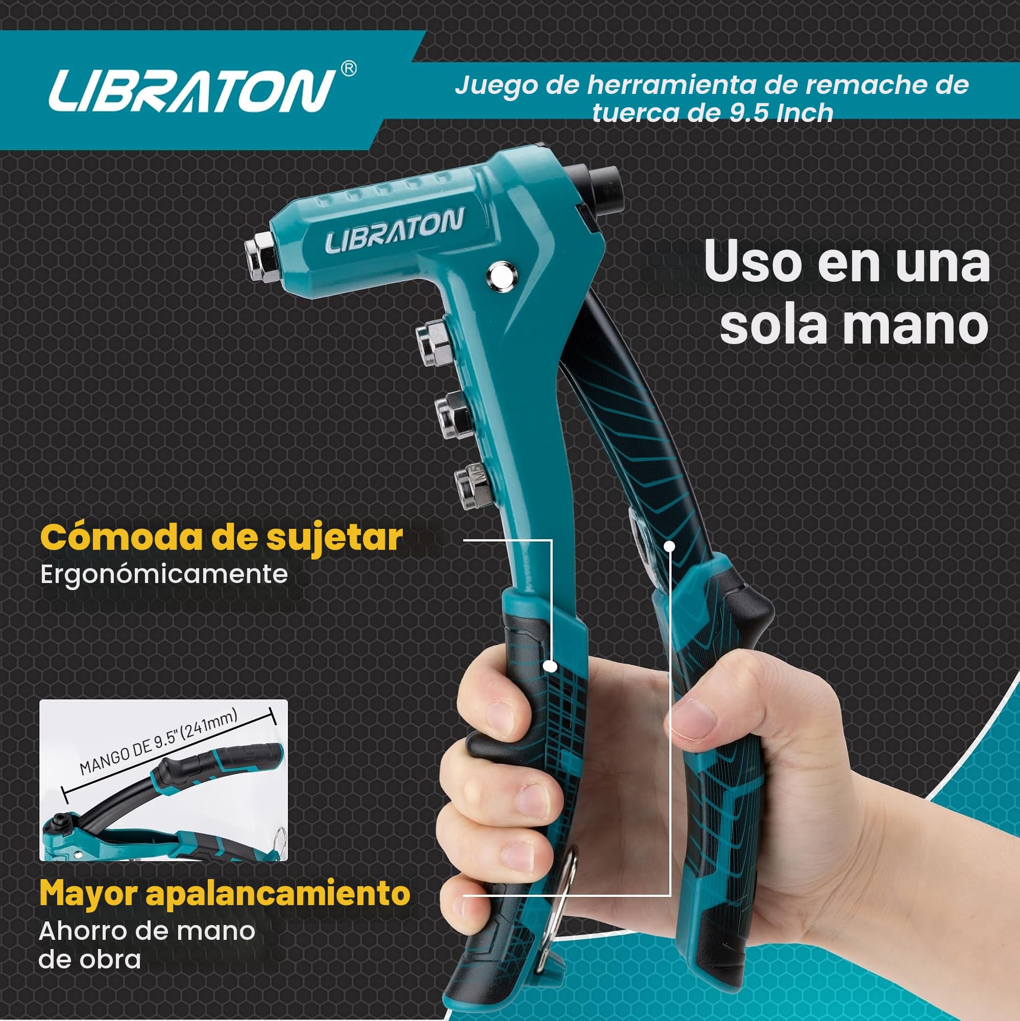 LIBRATON Remachadora de Tuercas, 9.5" Pistola de Tuercas, Herramienta de Tuerca de Remache con 40 Piezas Tuercas y 4 Mandriles Intercambiables M3, M4, M5, M6, Remachadora de Tuerca Profesional