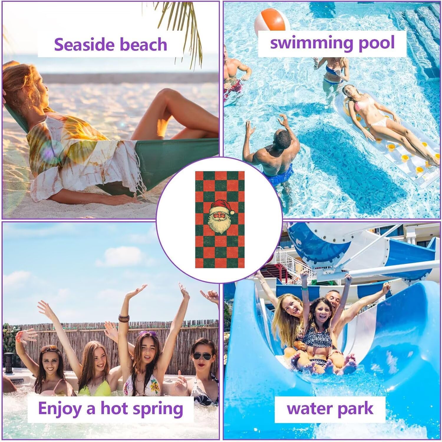 Toalla Playa 90 x 180 cm, Juego de 2 Toallas Microfibra Grande de Secado Rápido, Absorbente, Compacto, Toalla de BañO Sin Arena Verano Manta de Playa Mujer para Gimnasio Baño Regalo (Papá Noel) H-866