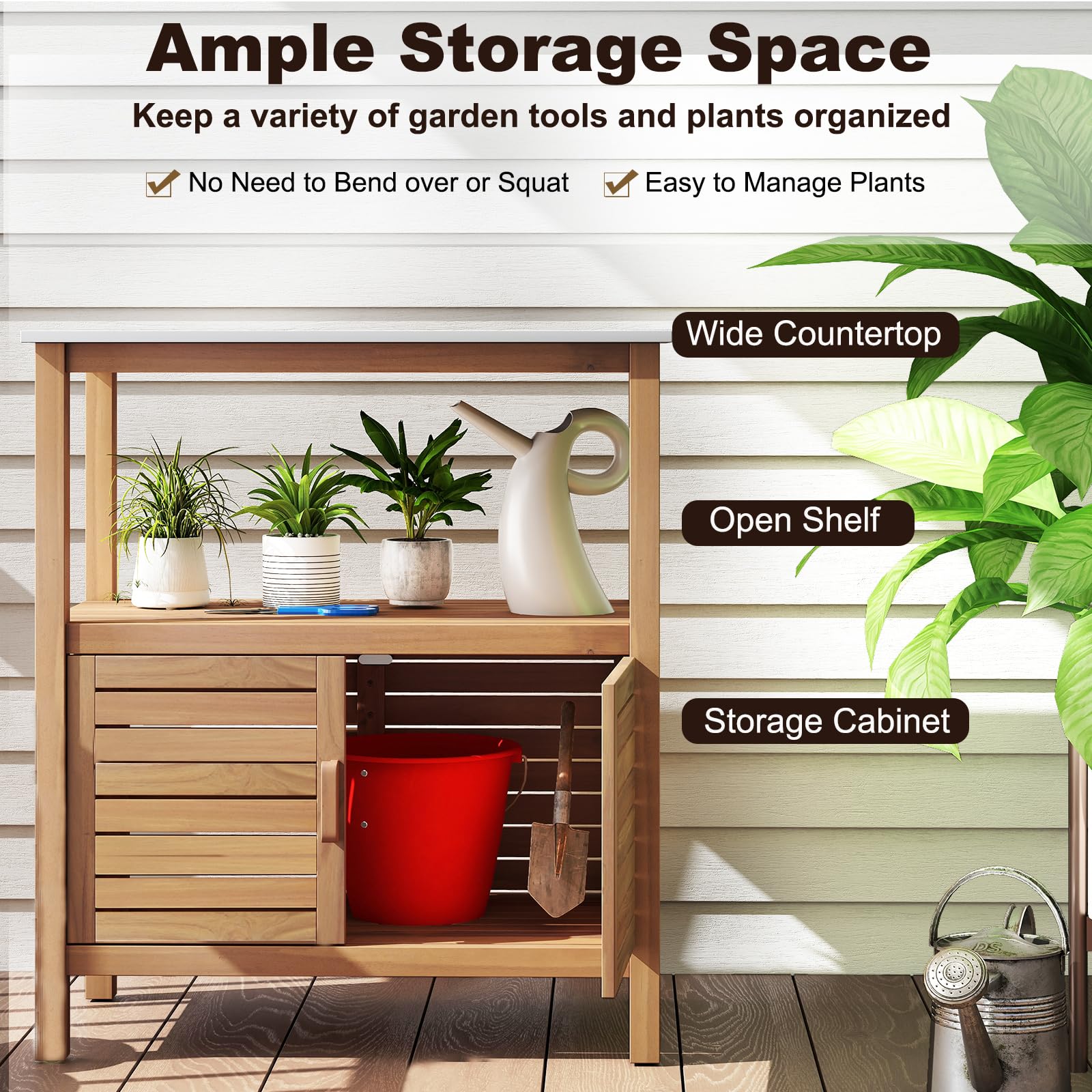 KOMFOTTEU Armario de Exterior de Madera Maciza, Aparador de Jardín con Tablero de Resina, Mueble de Almacenamiento con 2 Puertas y 2 Estantes Abiertos, Cobertizo para Balcón, Patio, 80 x 40 x 91 cm
