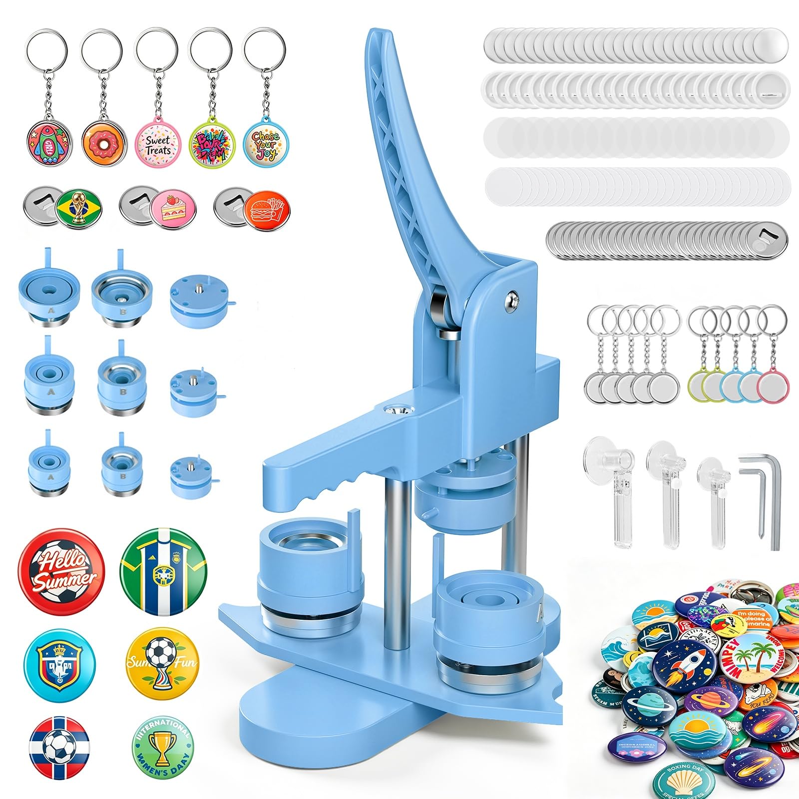 Badge Maker Button Machine with 3 Molds (25+32+58mm) & 300 Pcs Plastic Pinback Button Supplies, DIY Badge Press Kit with Circle Cutter& Keychain Sets & Bottle Opener