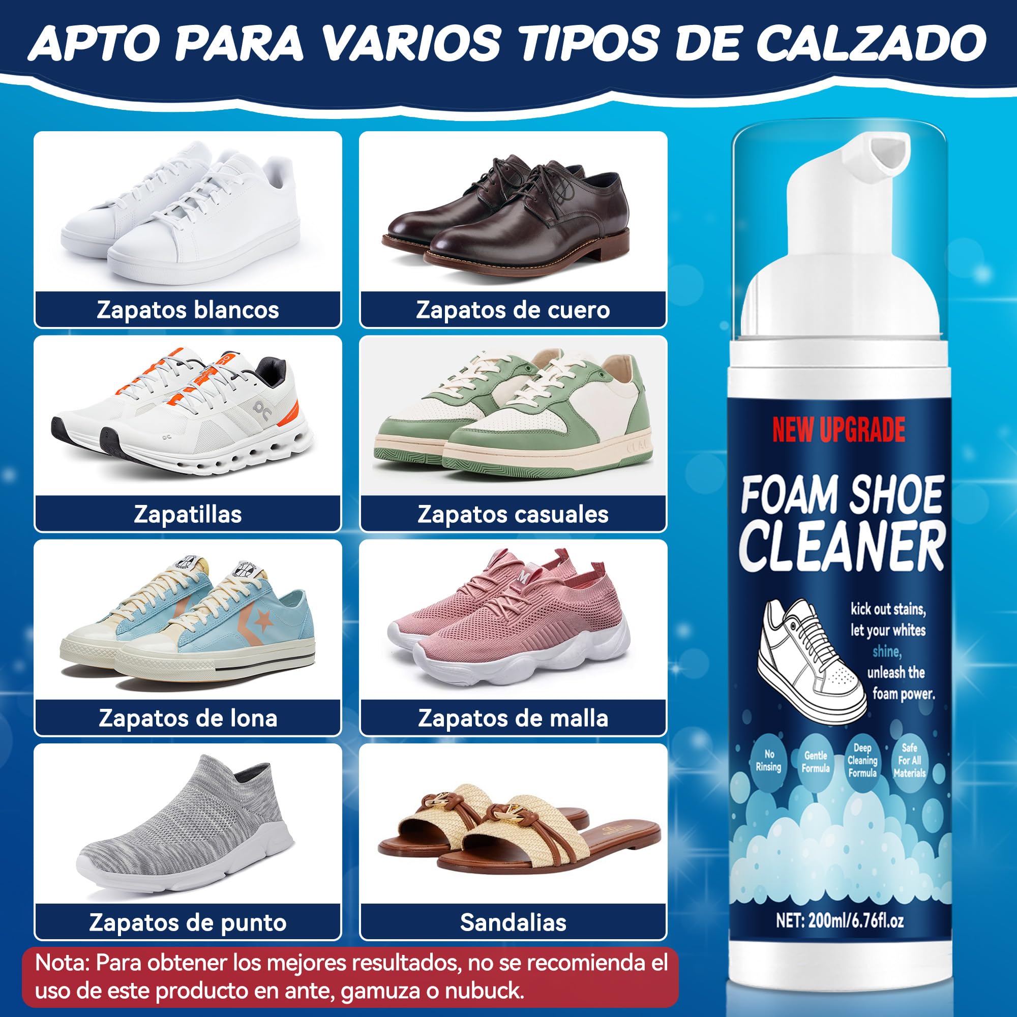 Kit limpieza zapatos, limpiador zapatillas blancas de 200 ml con cepillo y paño de microfibra. Limpia rápidamente sin agua zapatillas de cuero, lona, tejido de punto, goma y zapatillas para correr