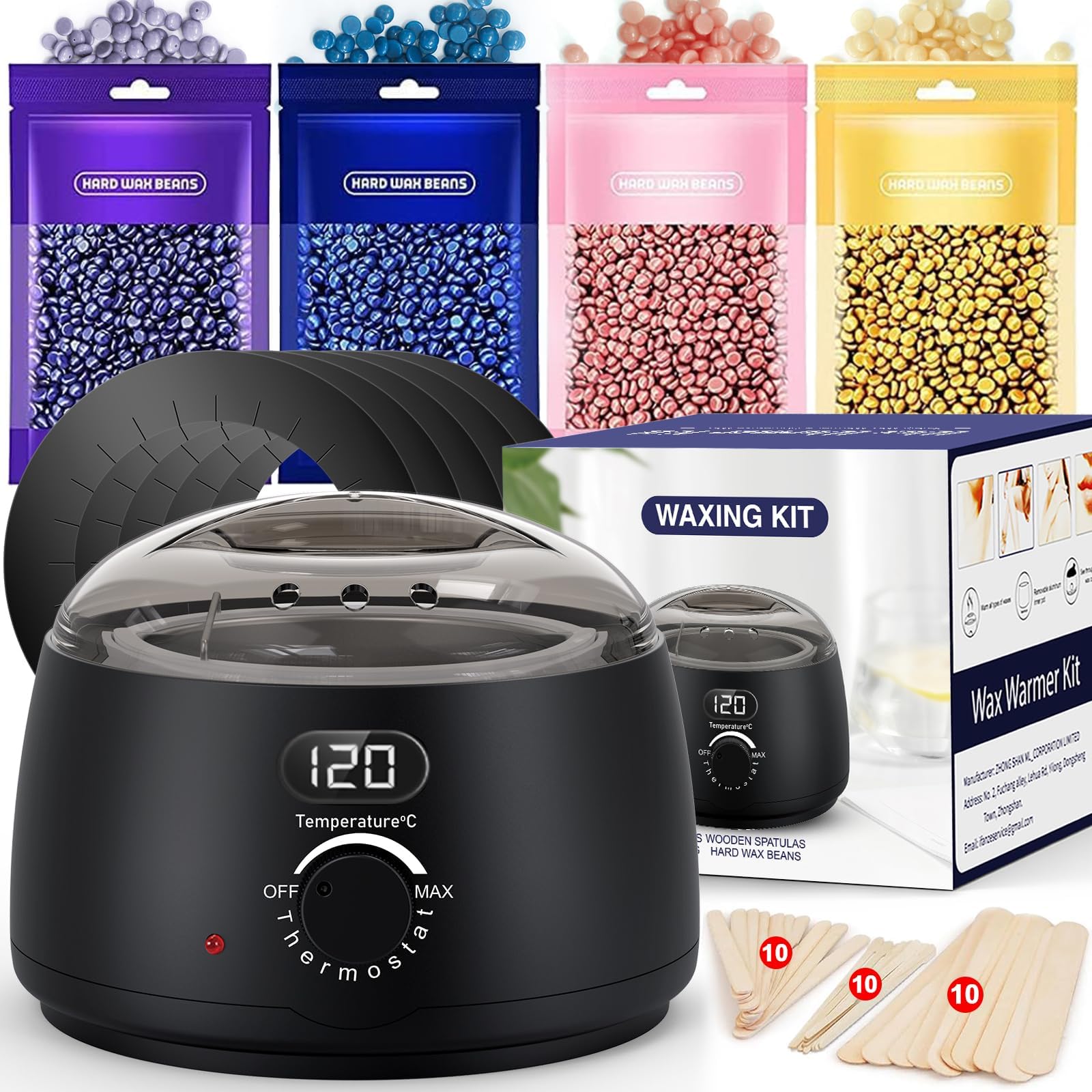 Chauffe Cire Epilation Kit D'épilation à la cire: Appareil a Cire avec LED Écran, 400g Epilation Perle, 30 Spatules, D'épilation à Domicile Kit Pour Tous Les Types de Cheveux
