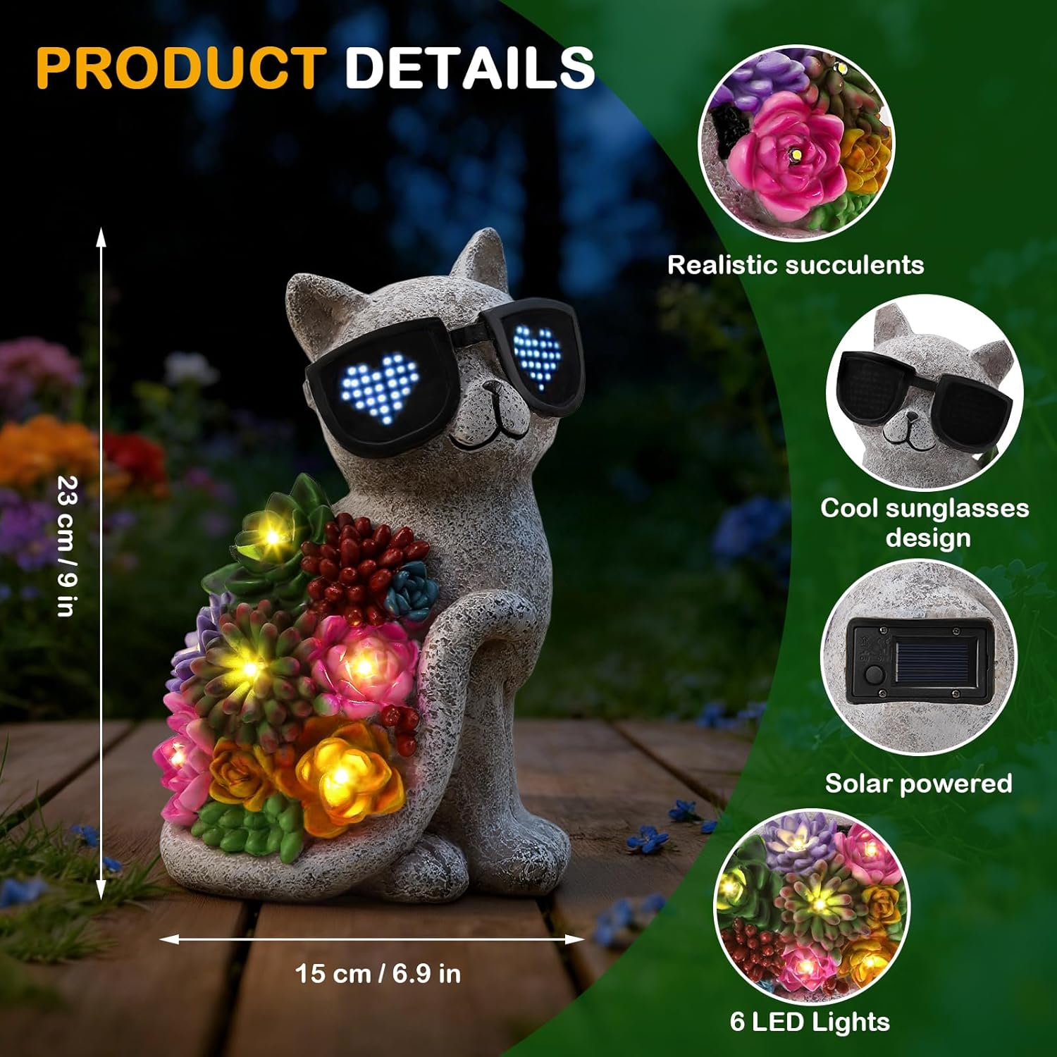Solar Cat Statue Outdoor Garden, Glasses Cat Figurines with Succulent and 7 LED Lights, Waterproof Solar Cat Decoration for Yard Patio, Perfect Cats Lovers Gifts for Women Home Decor