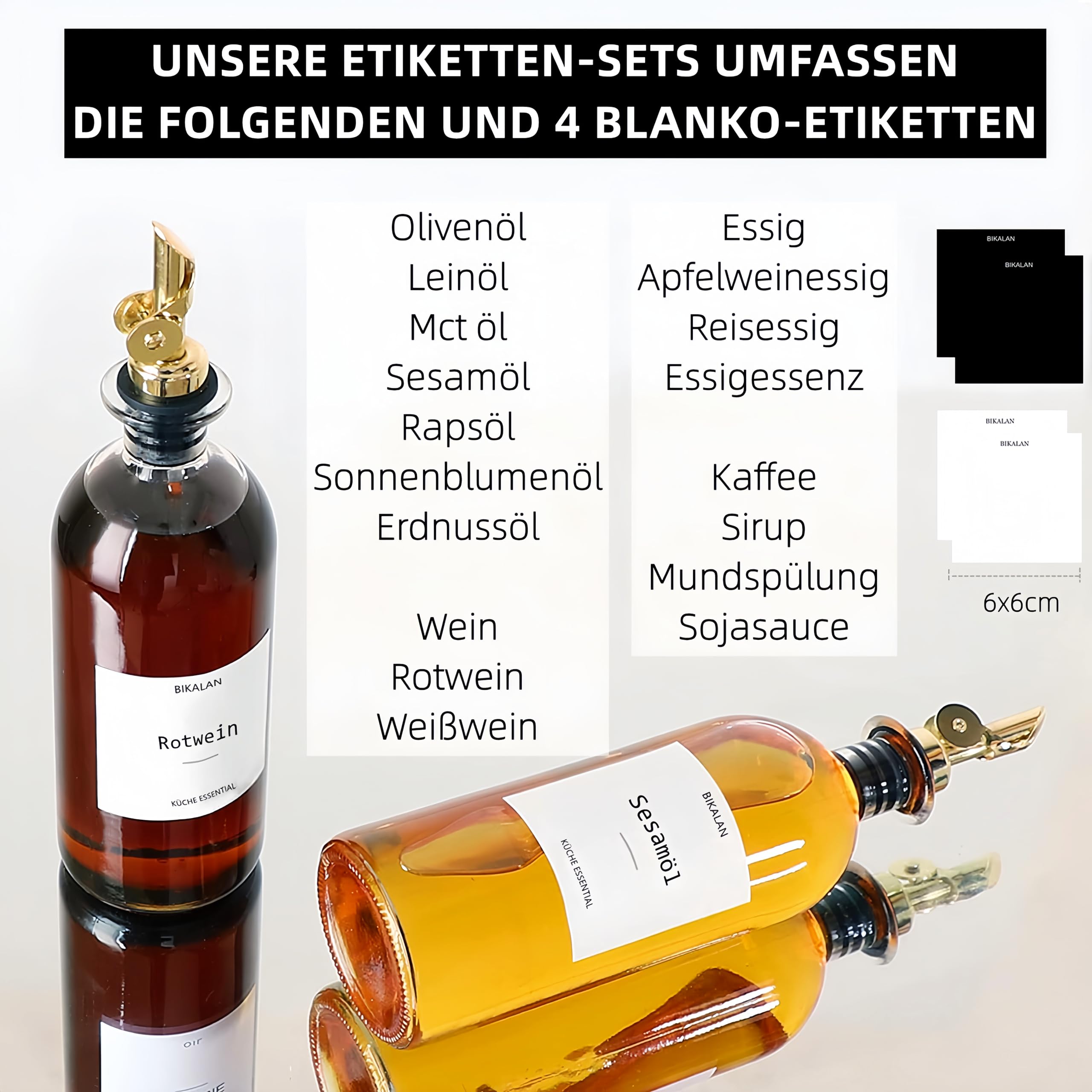 BIKALAN Set di bottiglie di aceto e olio, 500 ml, dispenser per sciroppi di caffè, erogatore di olio, sciroppo di caffè, apertura e chiusura automatica, con 22 adesivi, imbuto