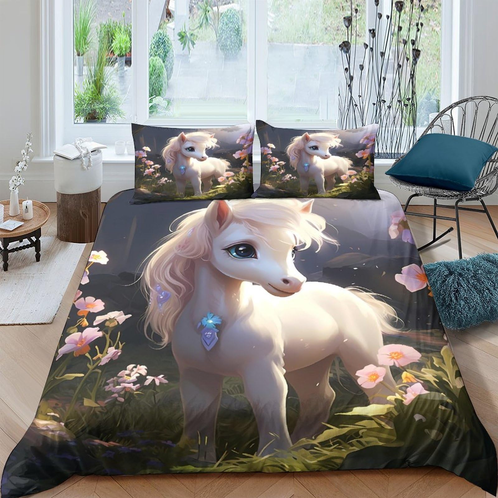 GPLZQXKJNH 3D Printed White Fantasy Pony Duvet Cover Microfiber Soft Breathable Pastel Floral Bedding Set with 2 Pillowcases for Bedroom Decoration 110 Single（135x200cm）