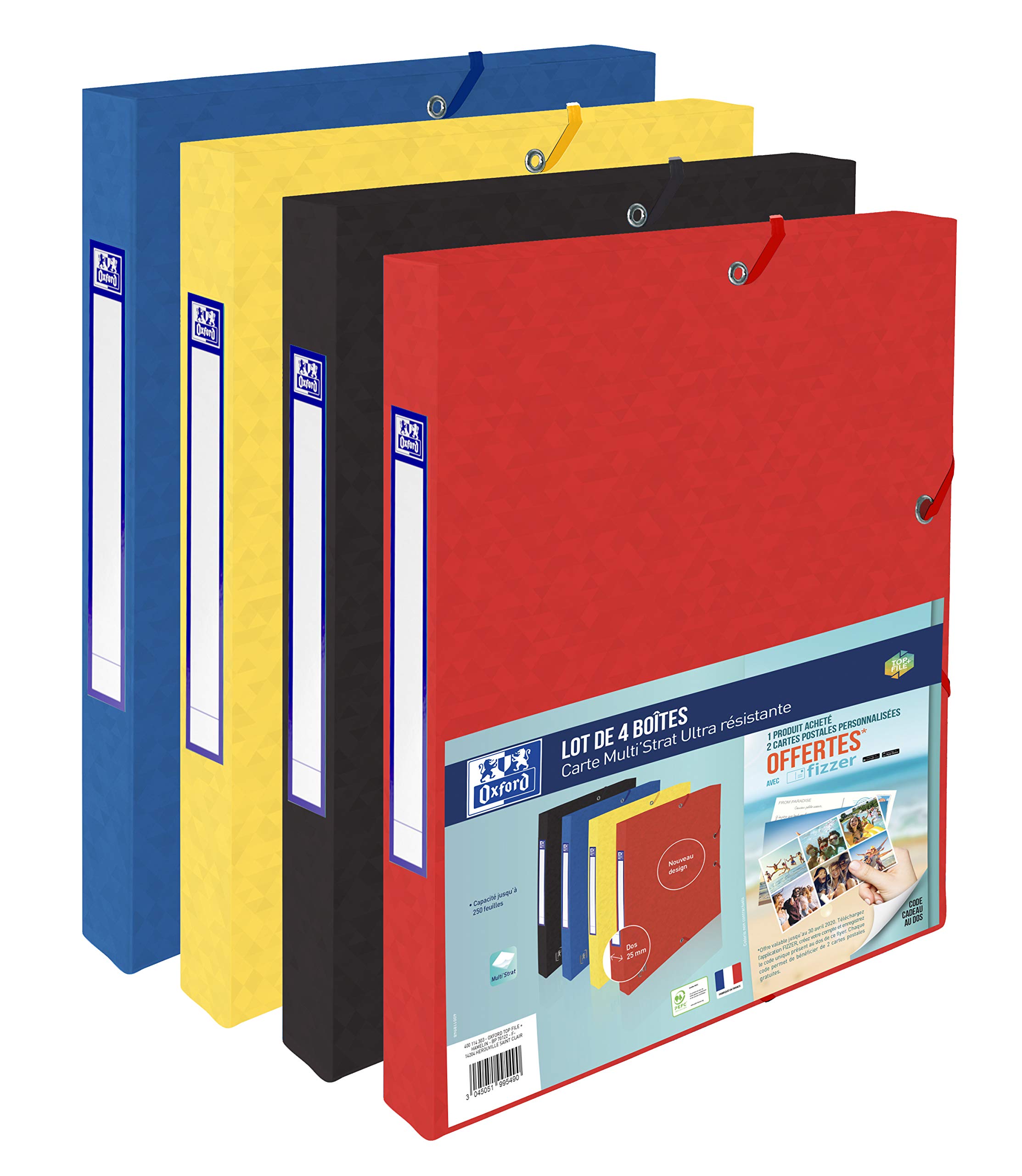 Oxford Lot De 4 Boites Capacité Standard Top File+ 24x32cm Dos 25mm avec Elastique Couverture Carte Coloris Assortis