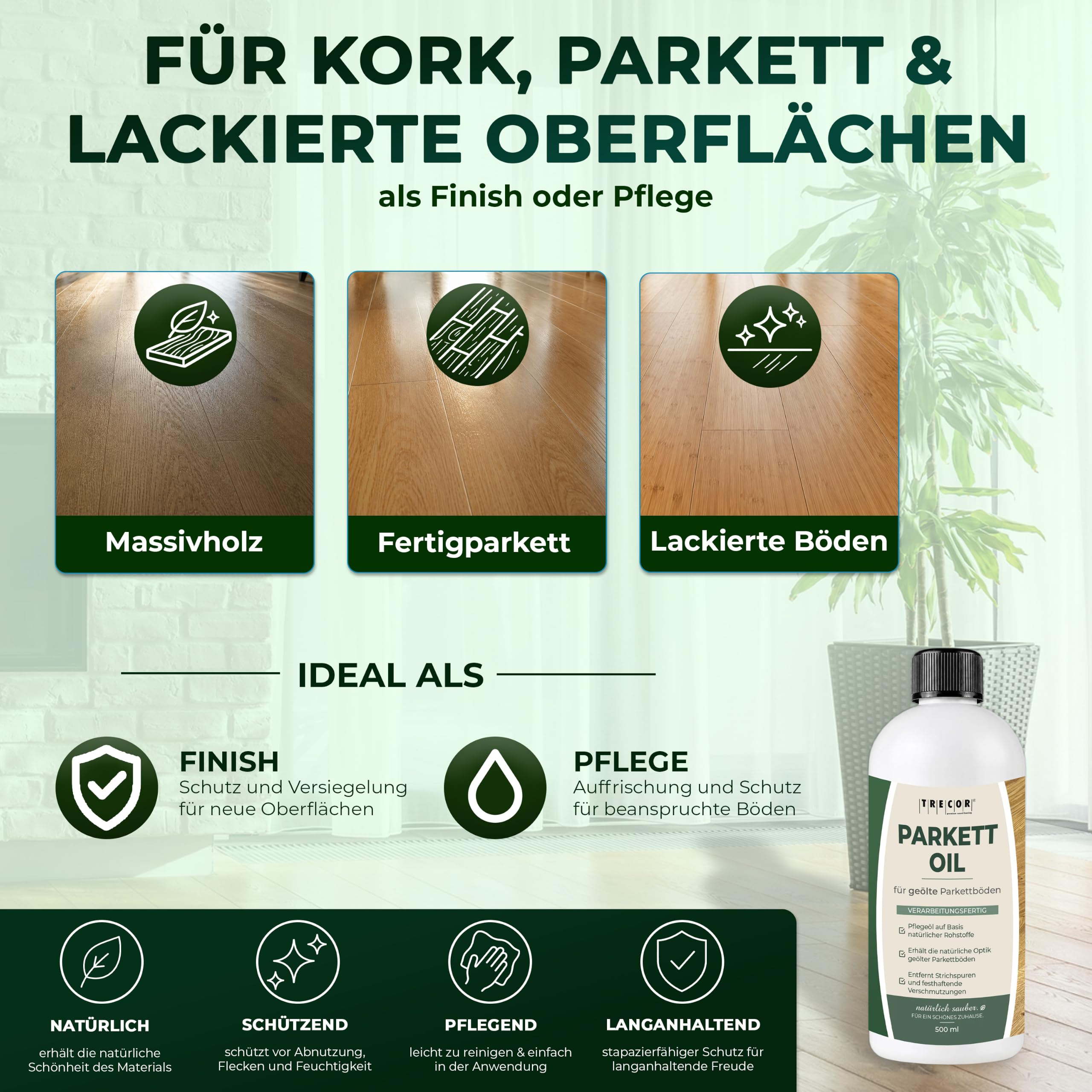 Producto de mantenimiento TRECOR para suelos de parqué aceitados, protege contra el desgaste y la humedad, sin disolventes (1000 ml, producto de mantenimiento para suelos de parqué aceitados)