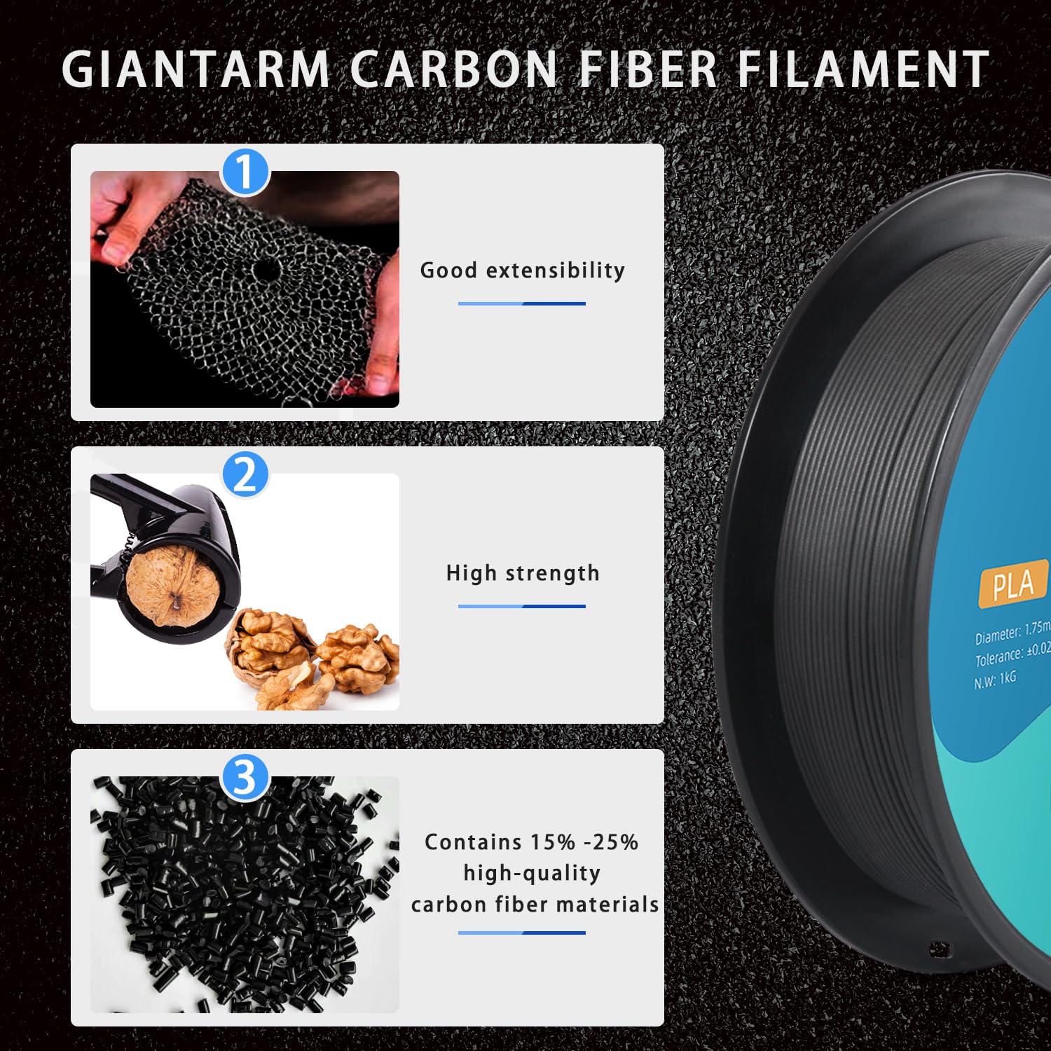 Filamento PLA 1,75 mm GIANTARM 3D filamento PLA PLA-CF fibra di carbonio nera 1 kg Spool