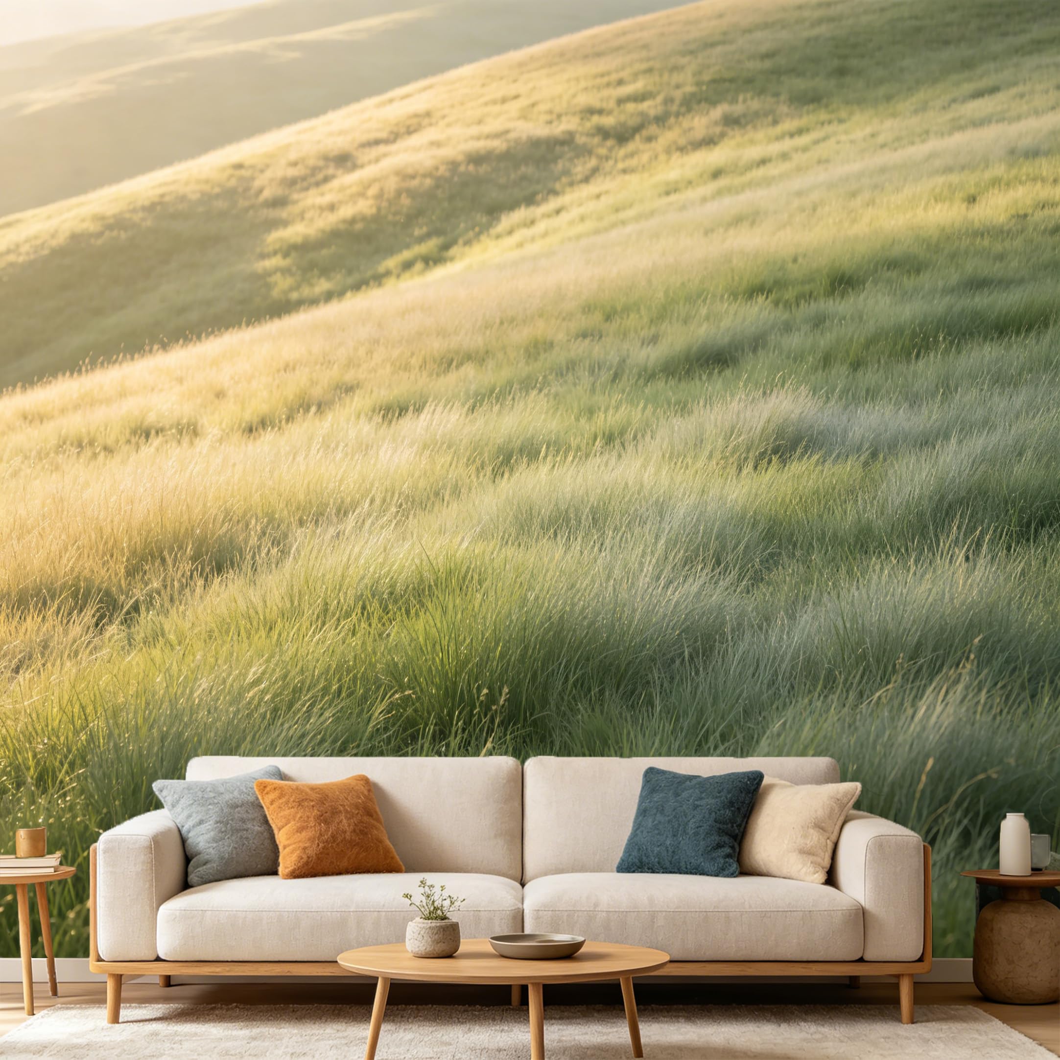 Custom Size Wall Mural Rolling Hills Landscape Sunset Meadow Aesthetic SelfAdhesive Art Prints wall Fabric（No PVC） Removable Wallpaper Home Bedroom Decor Interior Wall Art