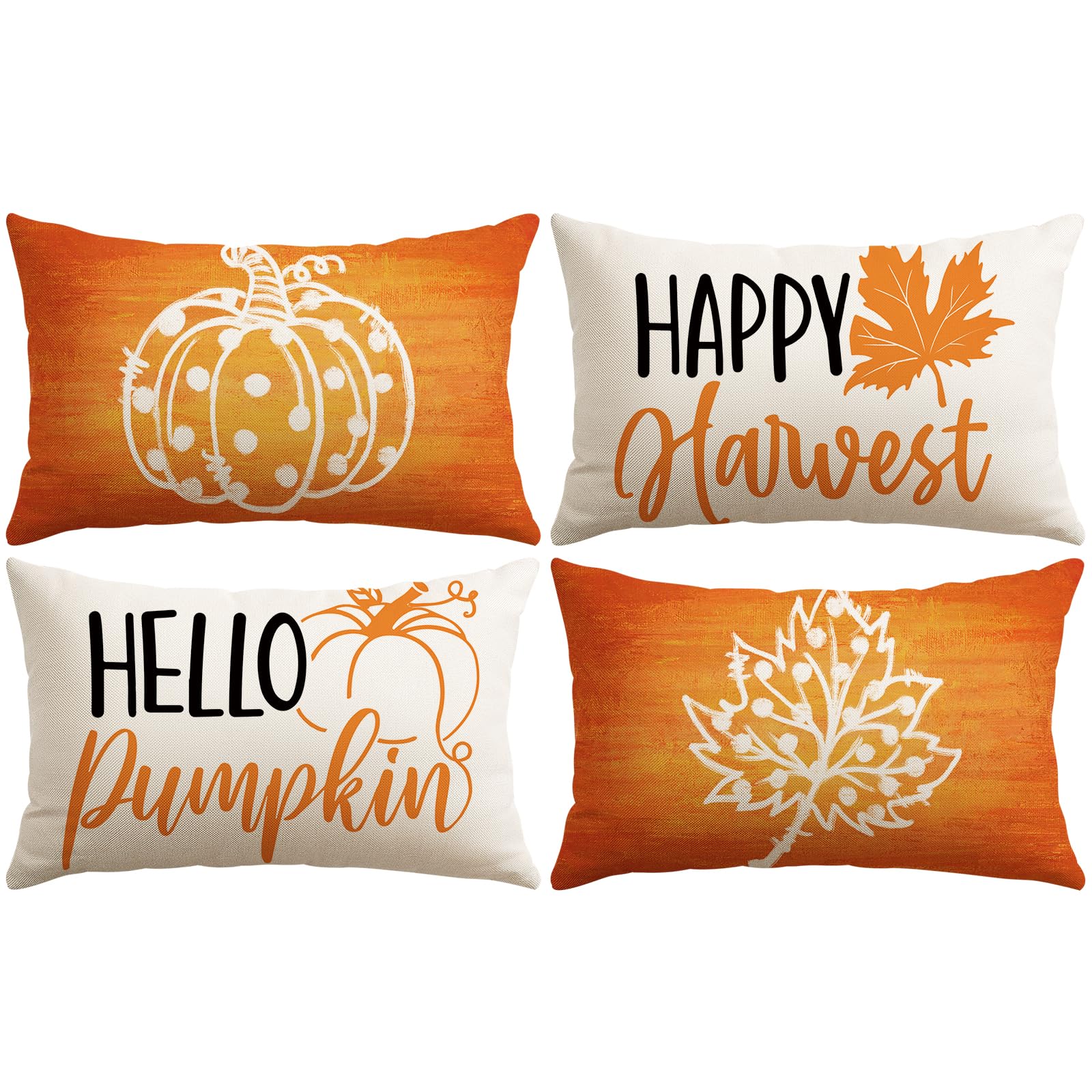 Artscope Fall Cushion Covers 30x50cm, Set of 4 Autumn Pillowcases Thanksgiving Pillow Covers for Sofa Living Room Holiday Party Fall Decor Pumpkin and Maple Leaves - Orange