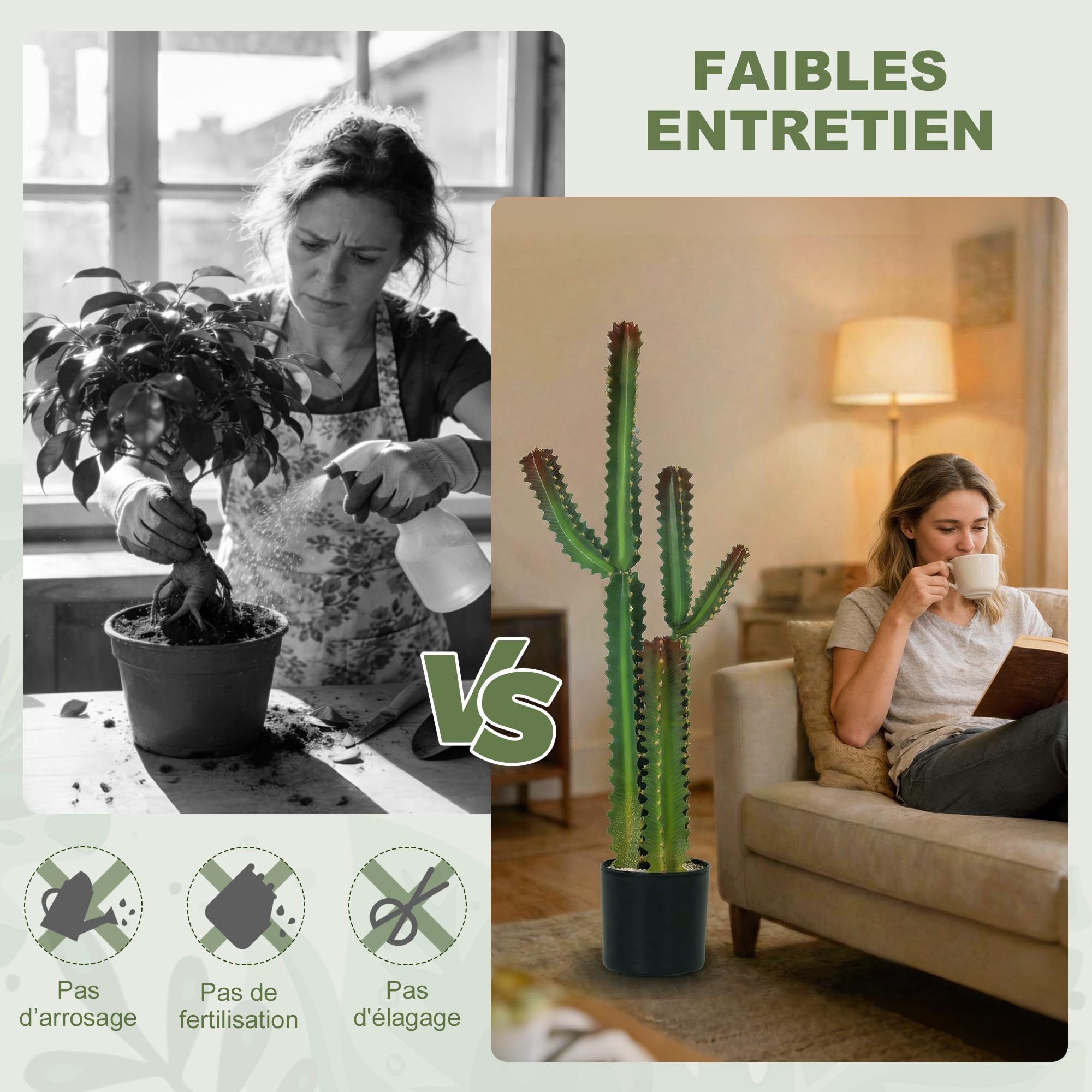 HOMCOM Plante Artificielle Intérieure 111 cm Cactus Artificiel en Pot Vert
