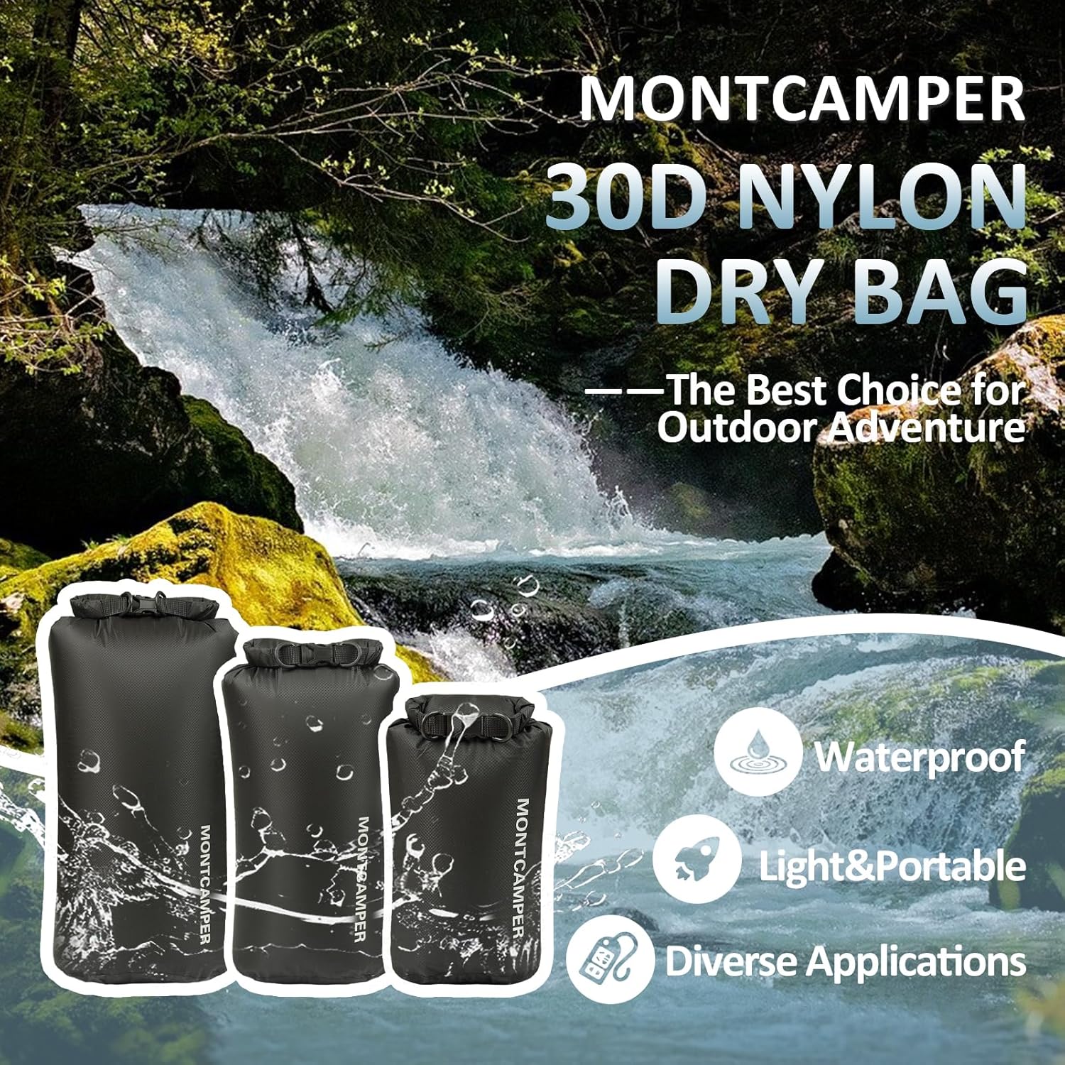 Waterproof Dry Bag 3-Pack (5L + 10L + 20L) – 30D Nylon Roll Top Dry Sacks with DWR & PU Coating, Lightweight Water-Resistant Storage for Kayaking, Camping, Hiking, Fishing & Beach (Black)