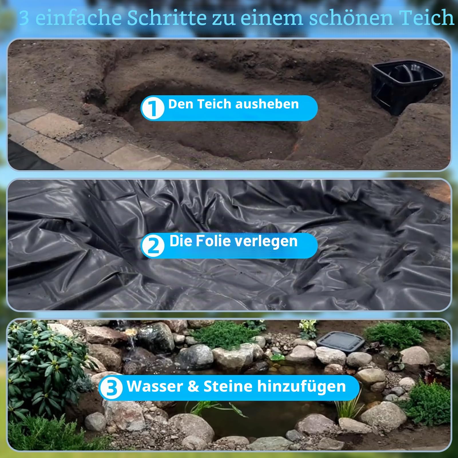 Teichfolie, 6x8m Teichwanne Stärke 0.5mm, Schwarz HDPE Teichfolien Schwerlast, Dichtungsfolie Teichmembran Schwimmteich Folie für Fischteiche/Brunnen/Wassergarten/Wasserfall/ Gartenteich/Teichbecken