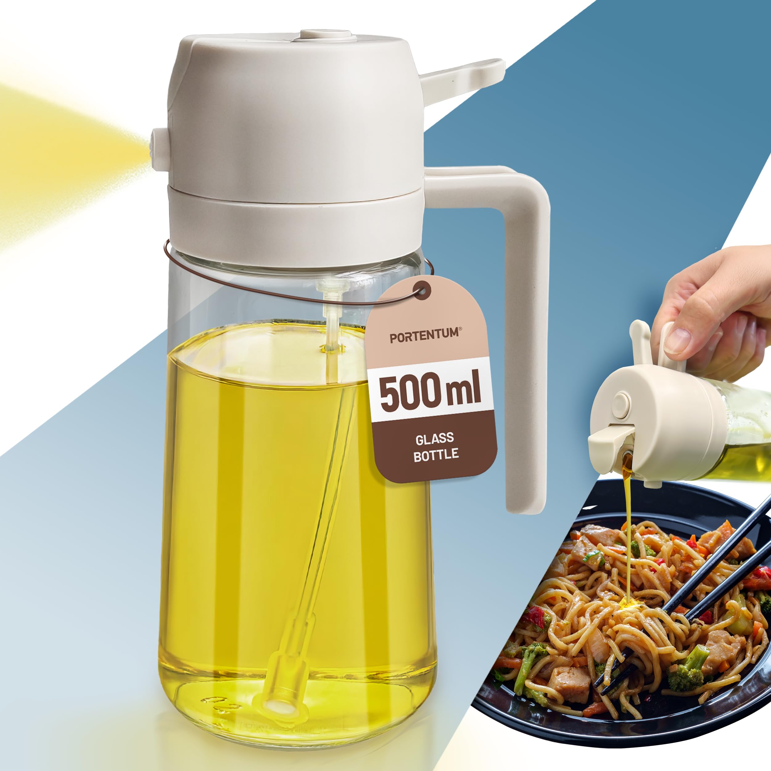 PORTENTUM 17oz Oil Spray Bottle - 2 in 1 Olive Oil Dispenser Bottle for Kitchen Accessories - Spray bottles For Air Fryer Kitchen Gadgets (White)