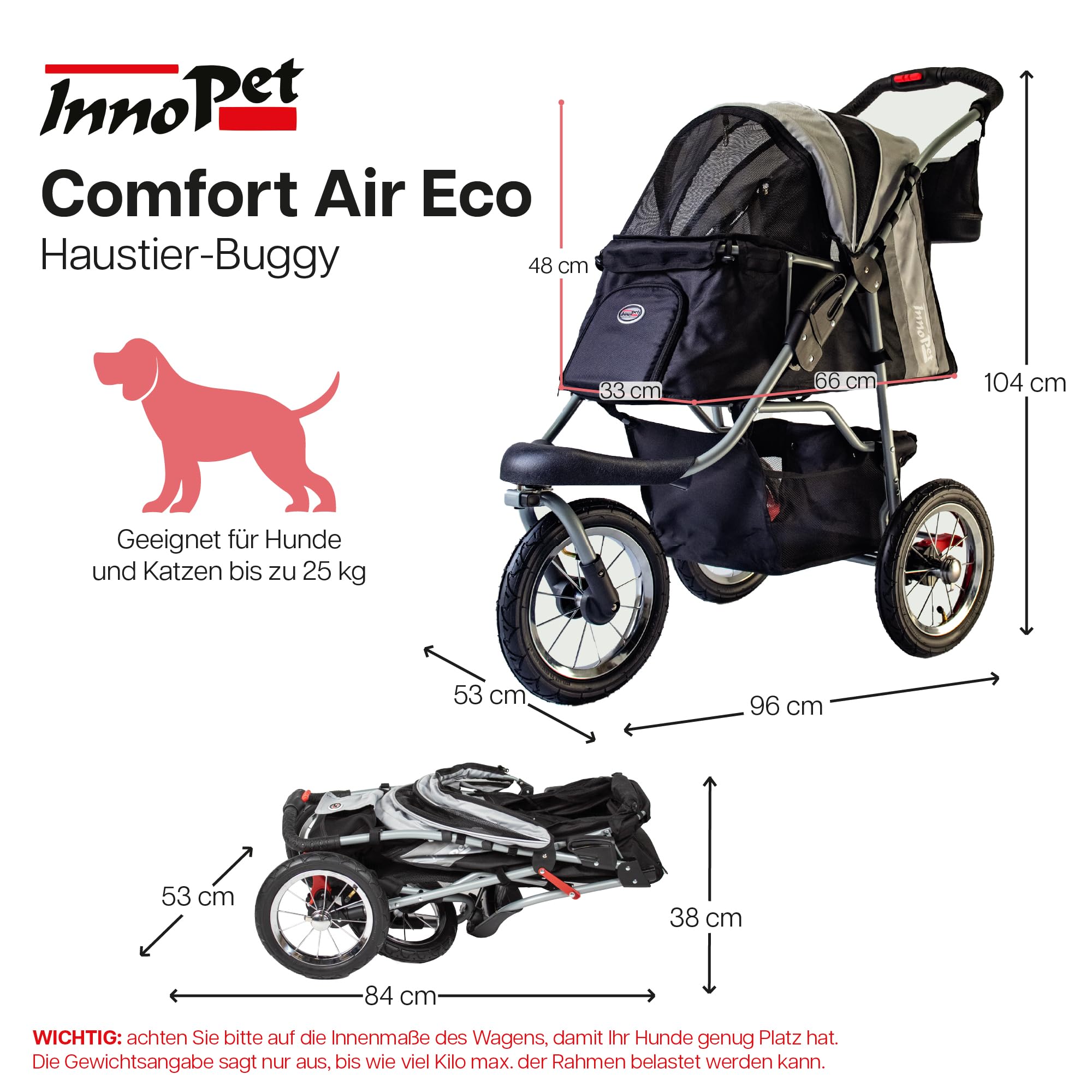 Hundebuggy Innopet Comfort Air Eco Schwarz/Silber – Hundewagen Katzenwagen mit 30cm Luftreifen, einhändig faltbar, für Waldwege geeignet – reflektierende Streifen, Organizer Vorderrad fixierbar