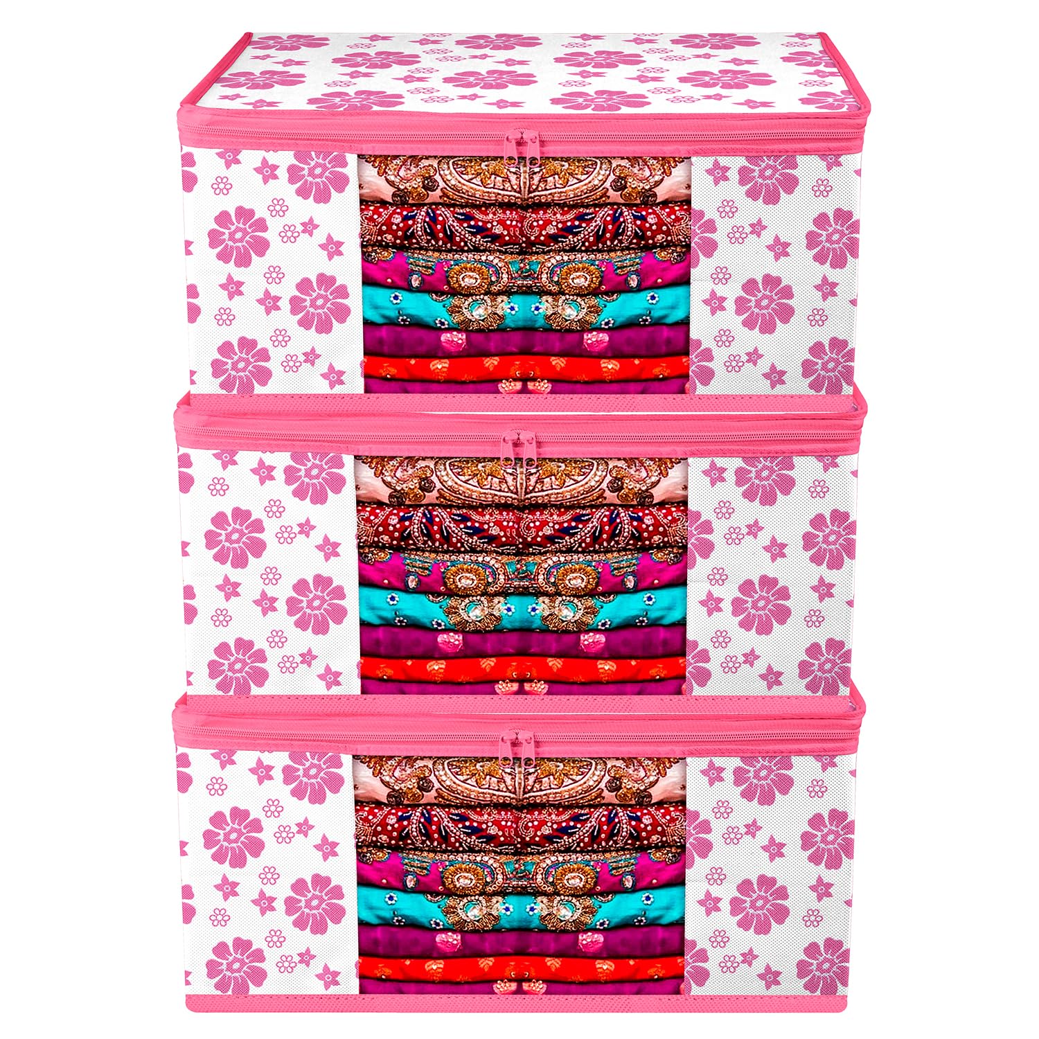 Kuber Industries Saree Bag | Zipper Closure Bag | Clothes Storage Bag | Closet Organizer | Clear Window Bag | Flower Design | 9 Inch | Pack