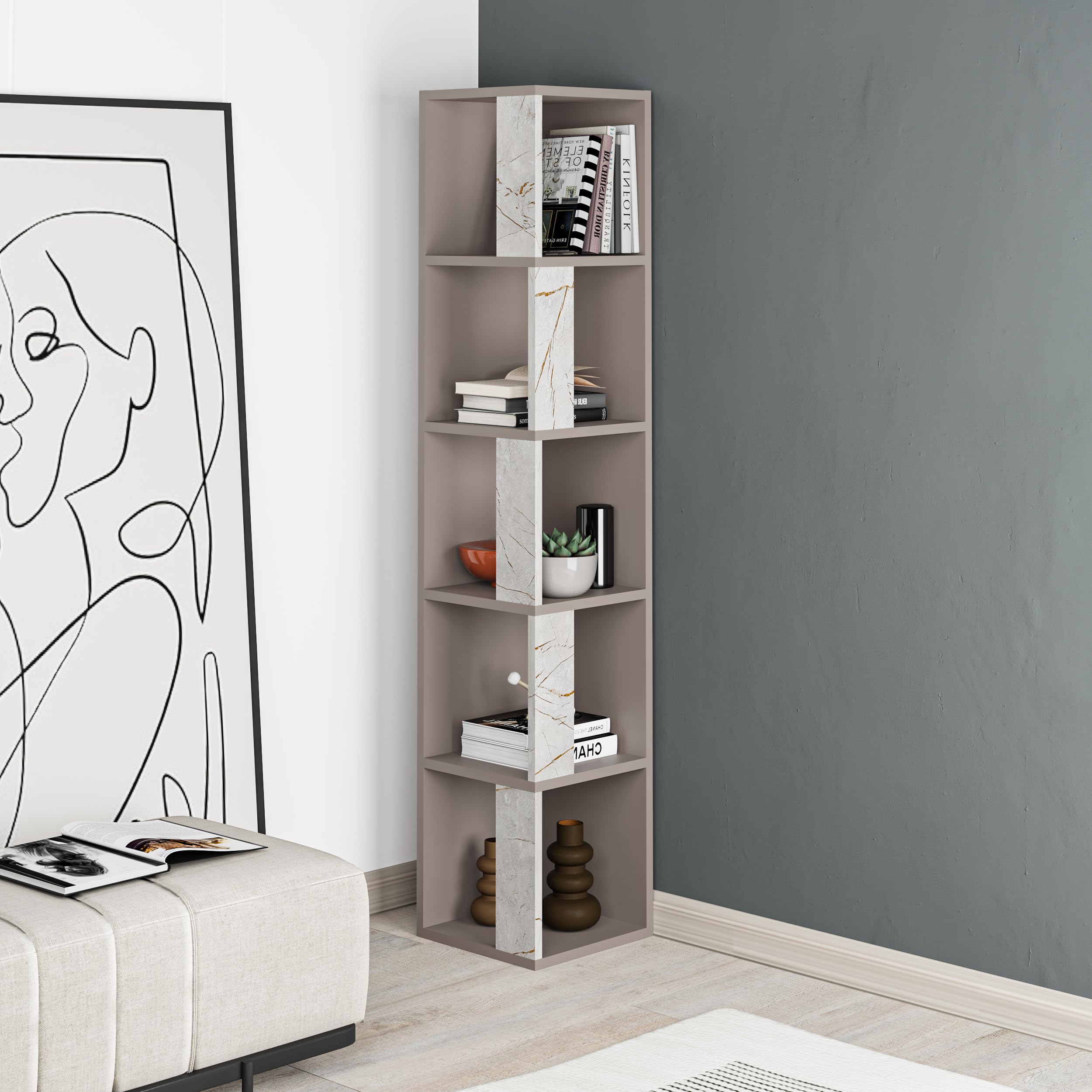 HOCUS PICUS 5 Tier Corner Bookcase with Many Colour Options, 161x34x34cm, Living Room Furniture, Easy to Assemble, Book Storage, Display Unit (Light Mocha, Gold Marble Effect)