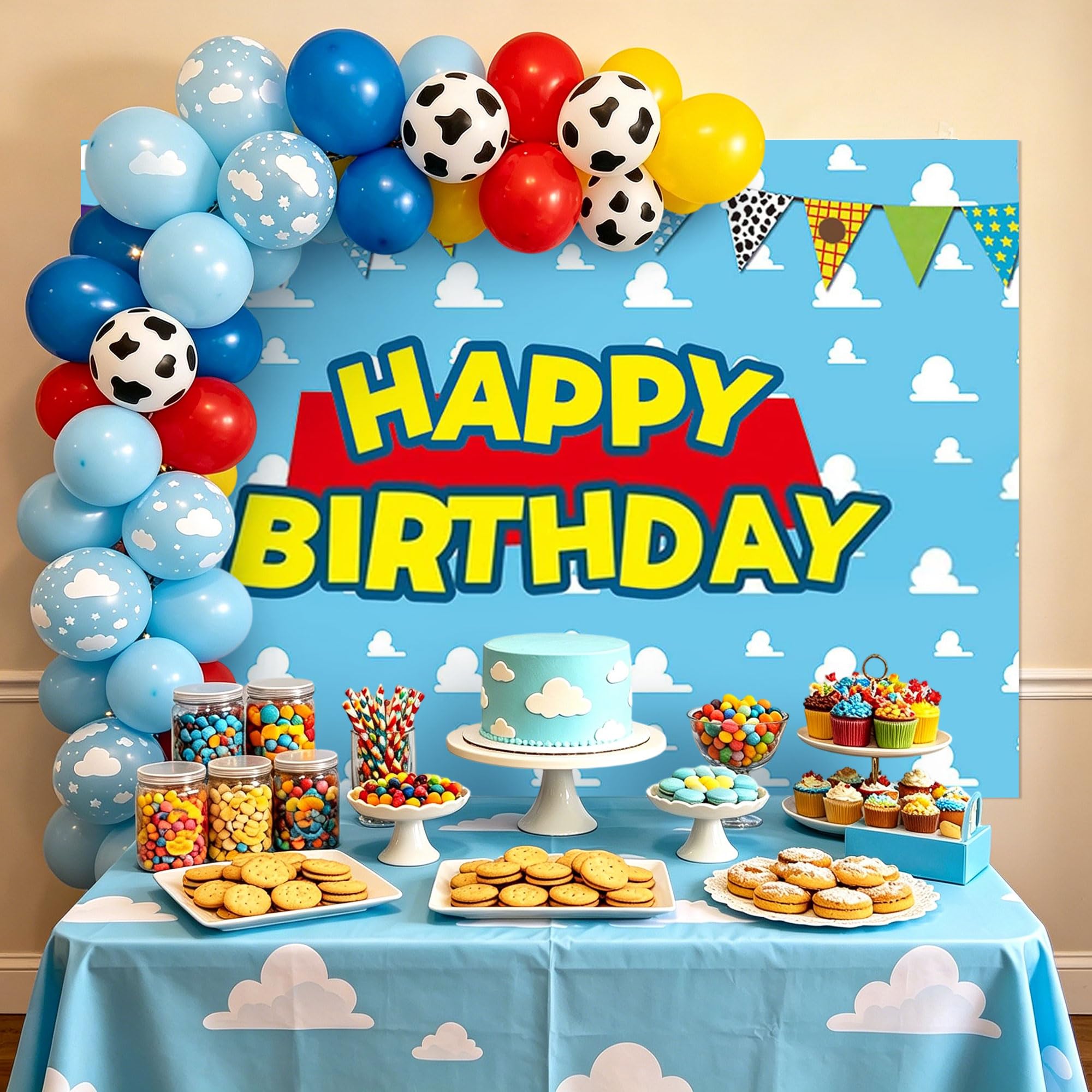 LaVenty Toy Birthday Party Banner Garland Backdrop Balloons Favors for Cowboy Decoration Birthday, Blue