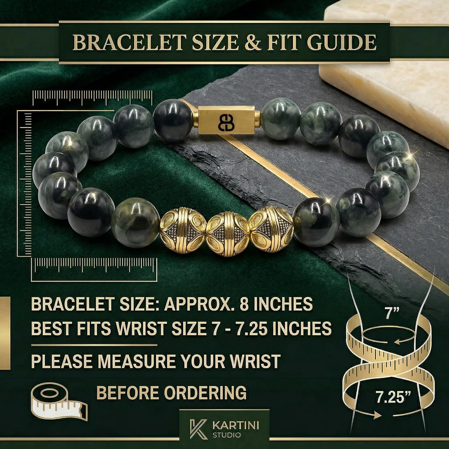 Kartini Studio Men's Jade and Gold Beads Bracelet, Men's Bead Bracelet, Quality Bead Jewelry for Man