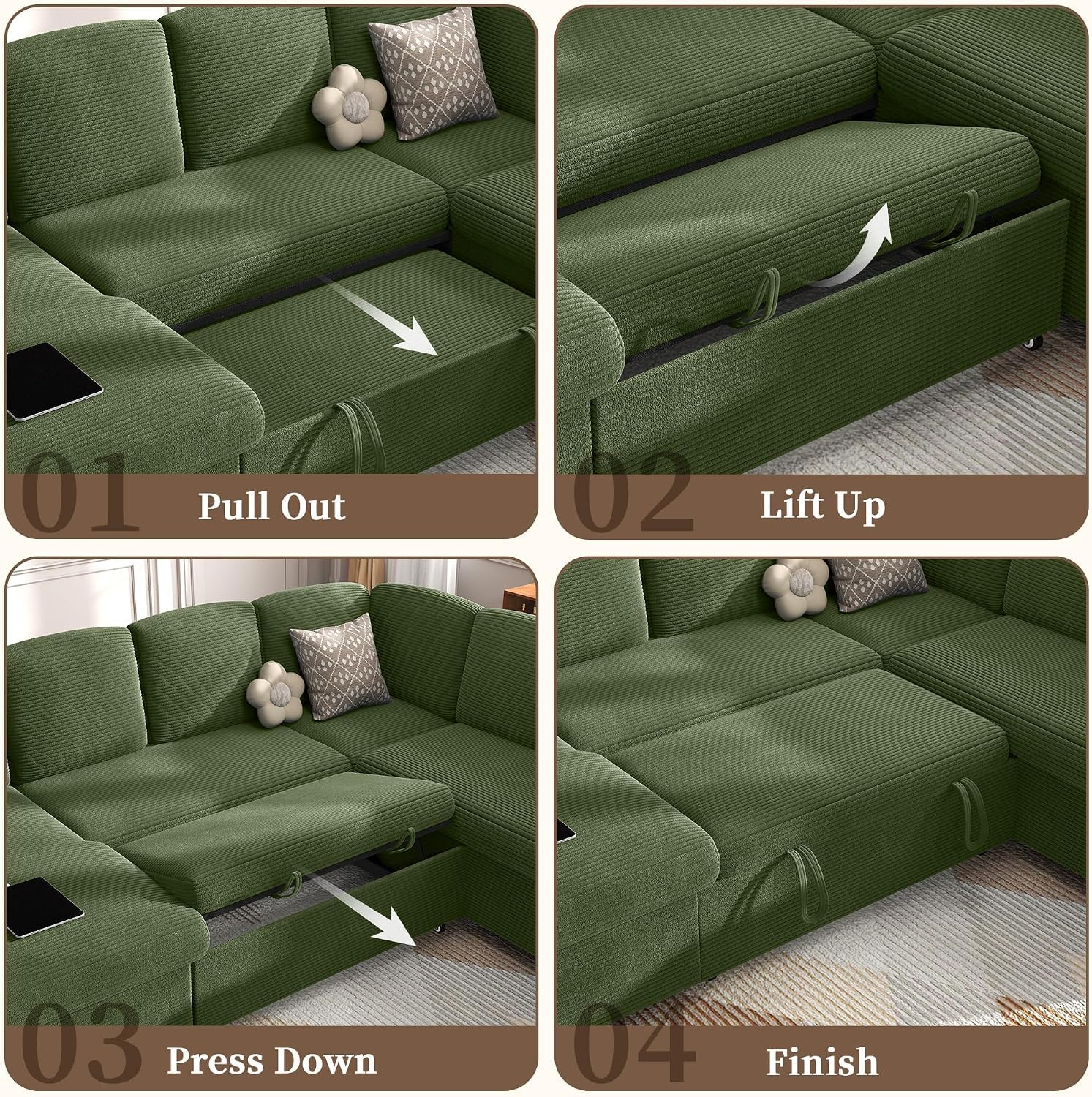 Sofá cama de 7 plazas en forma de U con cama nido, sofá modular en la nube con chaise longue de almacenamiento, puerto USB, respaldo ajustable, pana verde