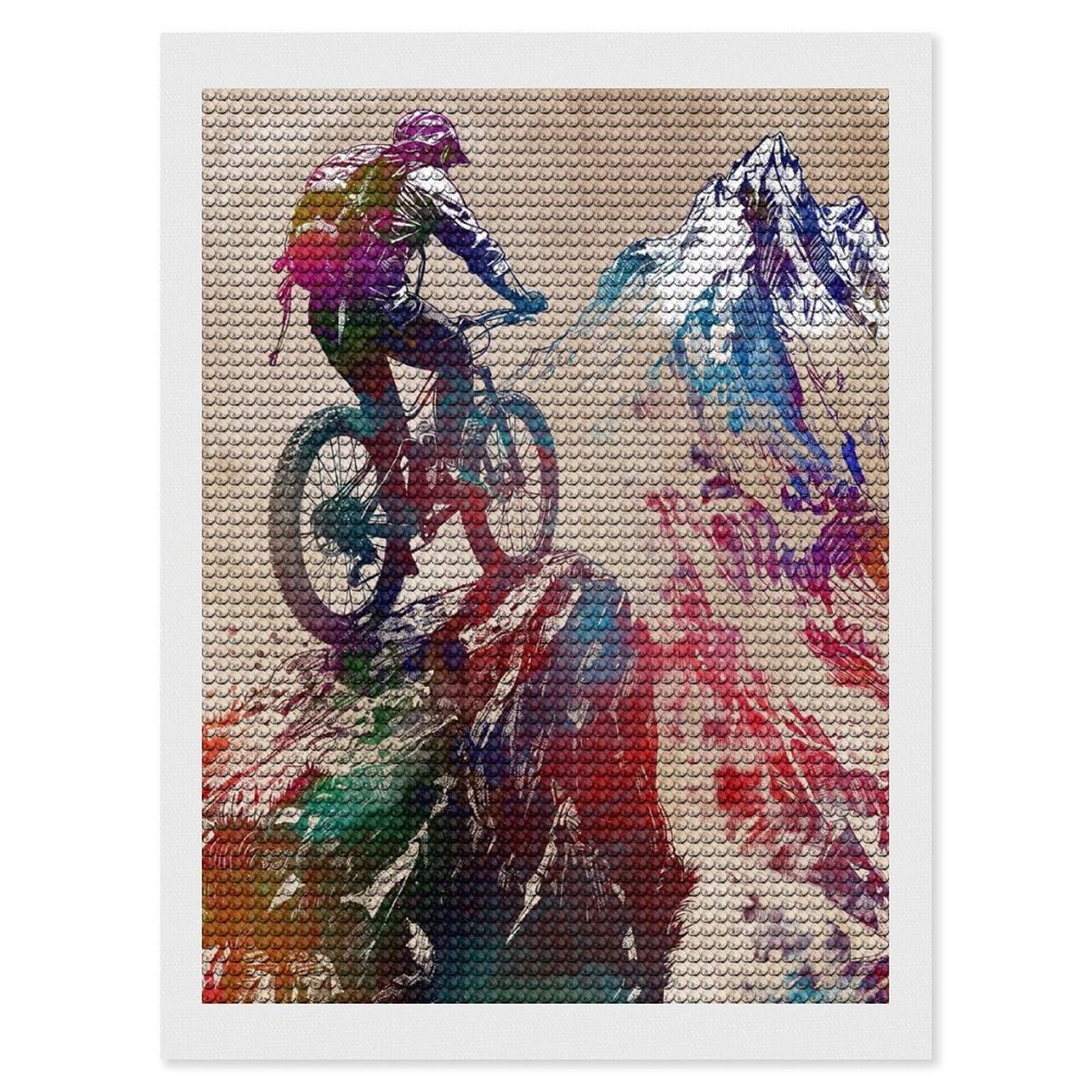 Junmoney Mountain Biking Watercolor Diamond Painting Set 12"x16", Sparkling Round Gems, Decorate Your Room, Fun Craft Experience, Modern Decor