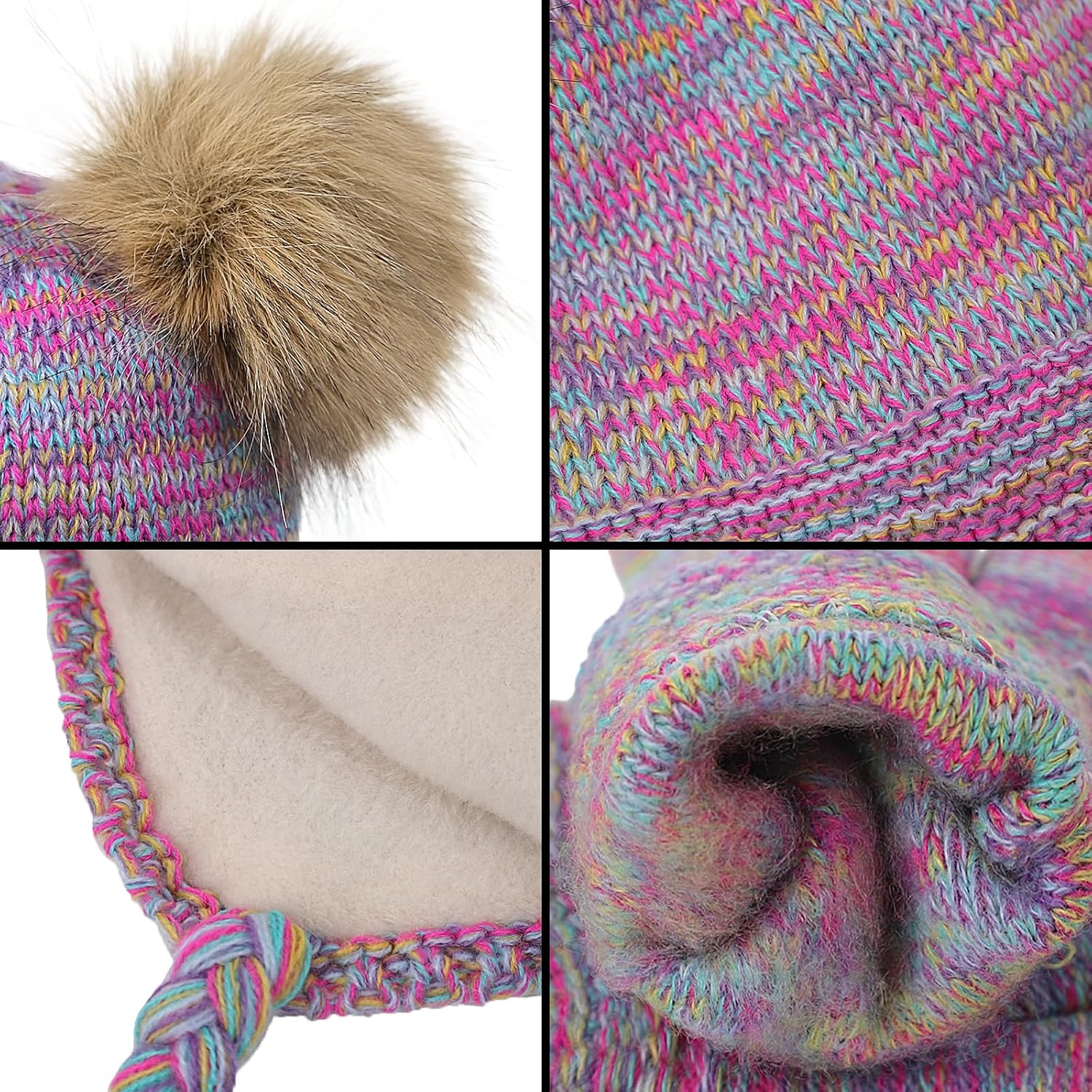 Kids Winter Warm Knit Beanie Hat Scarf Gloves Set Fleece Lined Pom Pom Ear Flaps Hat and Neck Warmer for Boys Girls Ages 4-10