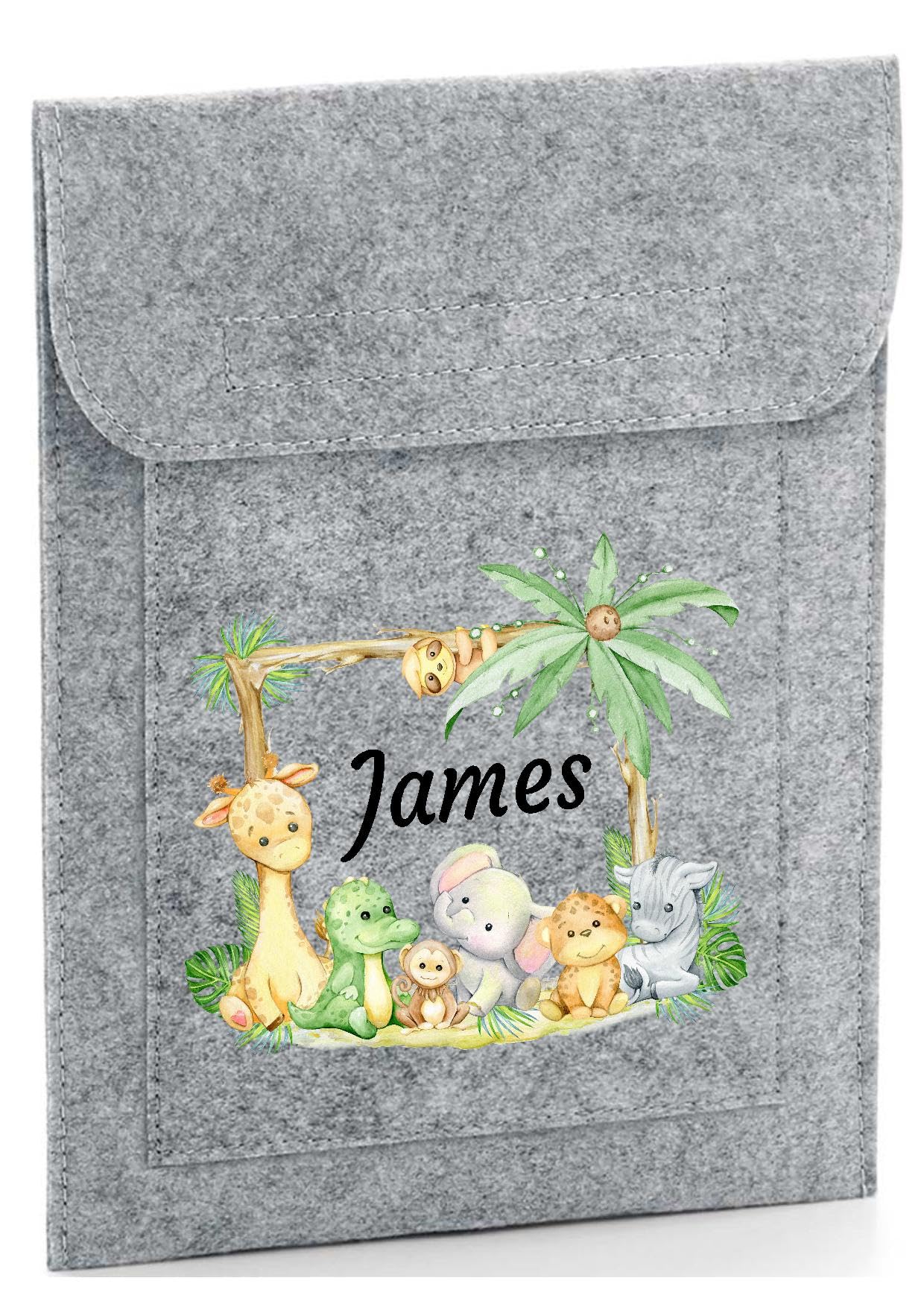 Personalised Baby Health Record Cover, Grey Felt with Safari Animal Design, NHS Red Book Holder,Memory Book Folder