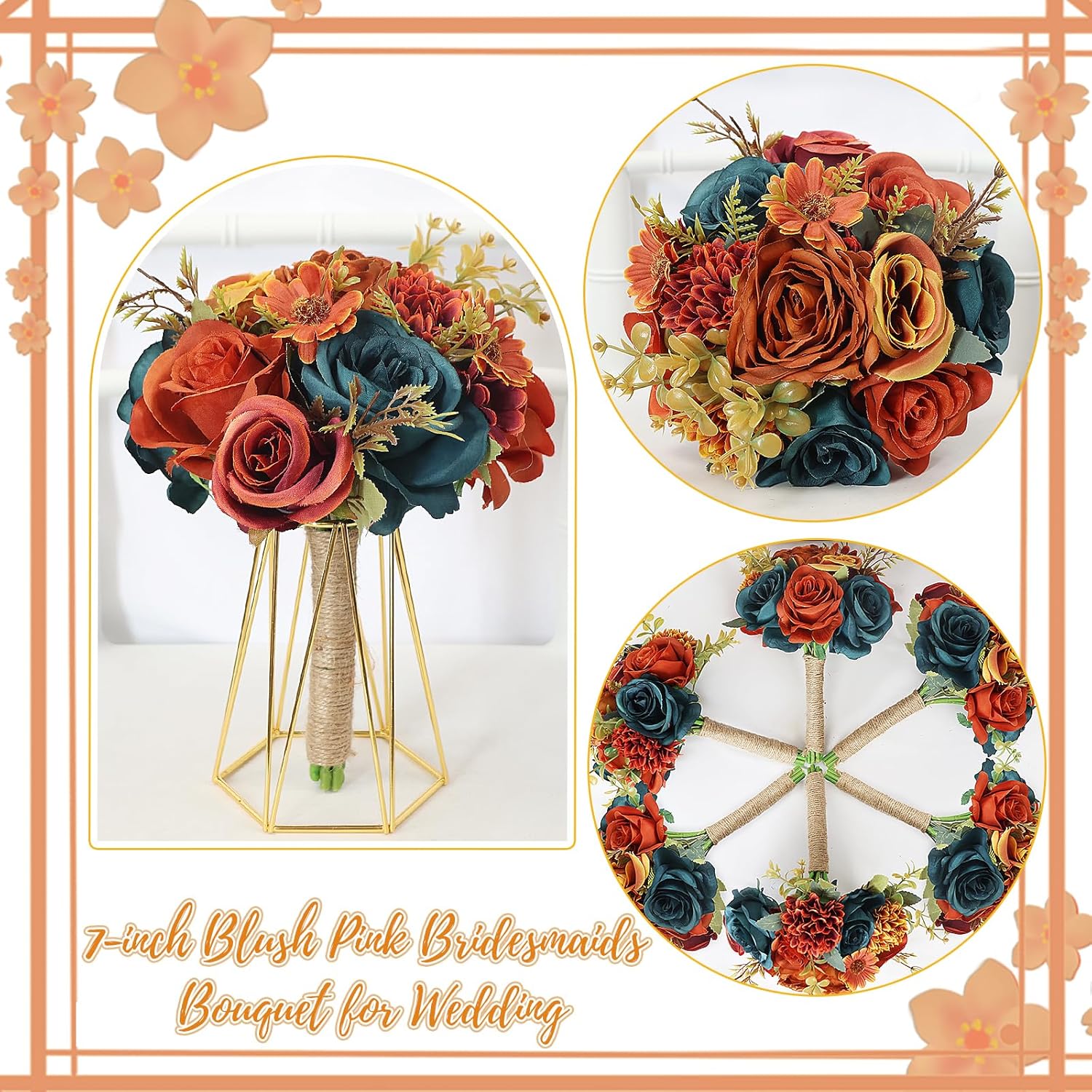 Set of 2 Bridesmaids Bouquets 7 inch Artificial Bridesmaid Bouquet for Wedding Silk Rose Small Floral Bouquet for Vintage Fall Bridal Shower Marriage Proposal Ceremony Decor - Dark Teal & Burnt Orange