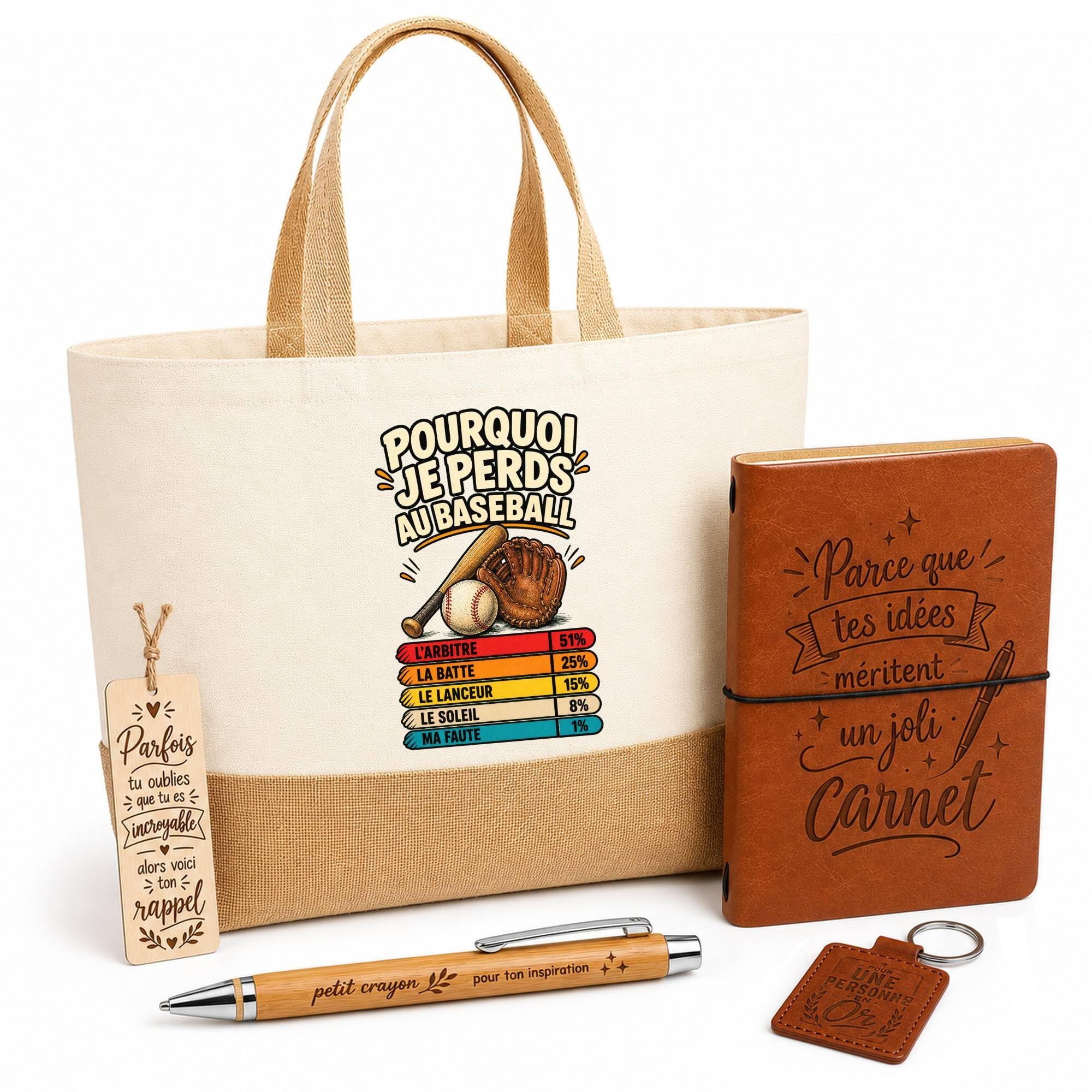 Planetee Coffret Cadeau Baseball Pourquoi je perds | Sac Cabas Coton et Jute 18 L, Carnet, Stylo Bambou, Porte-Clés, Marque-Page | 5 Pièces Gravées | Anniversaire Noël