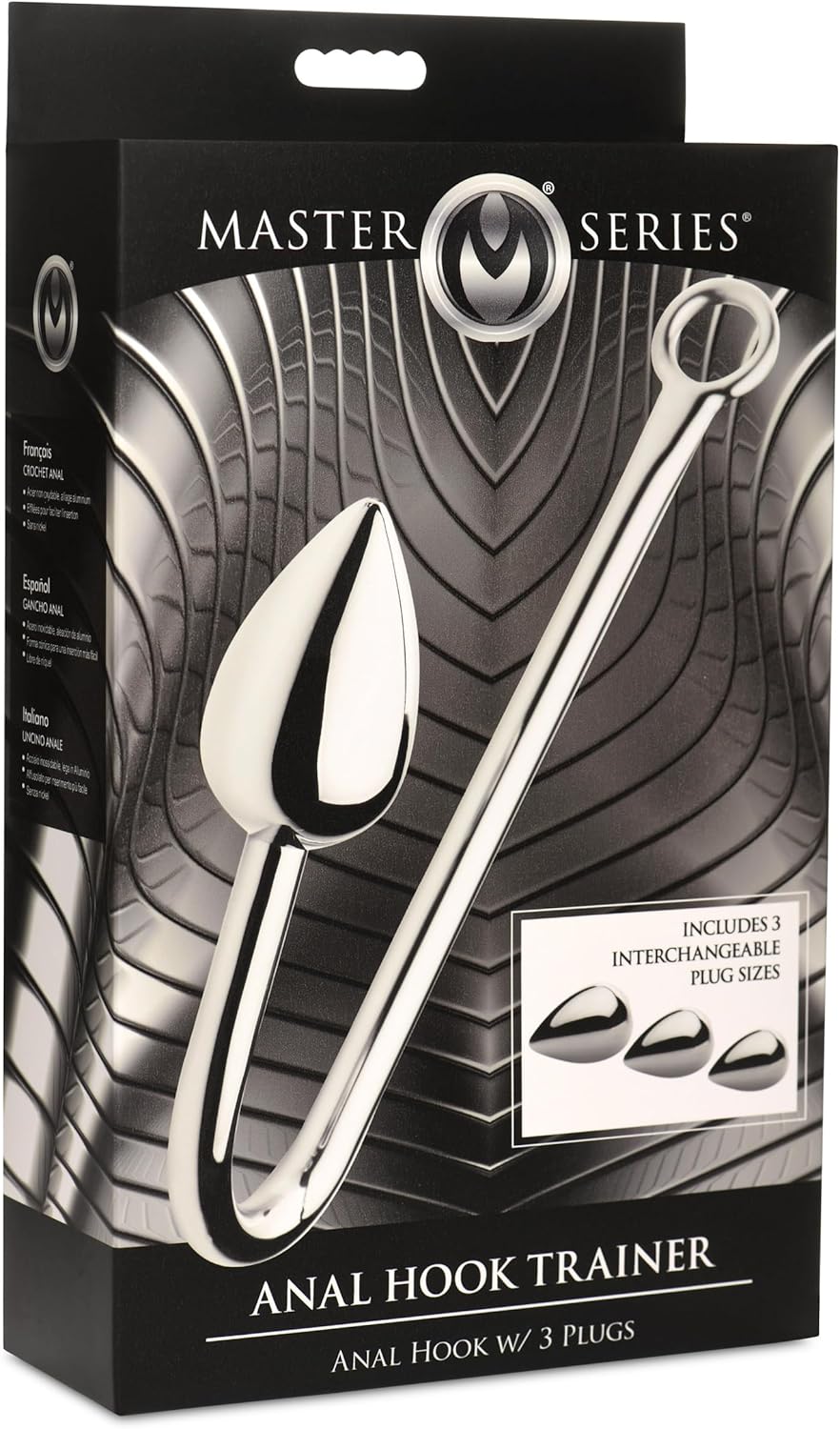 MASTER SERIES Anal Hook Trainer Anal Hook with 3 Plugs for Men, Women & Couples. Stainless Steel Hook, 3 Interchangeable Aluminum Alloy Plugs, Tapered for Easier Insertion. 4 Pieces, Grey