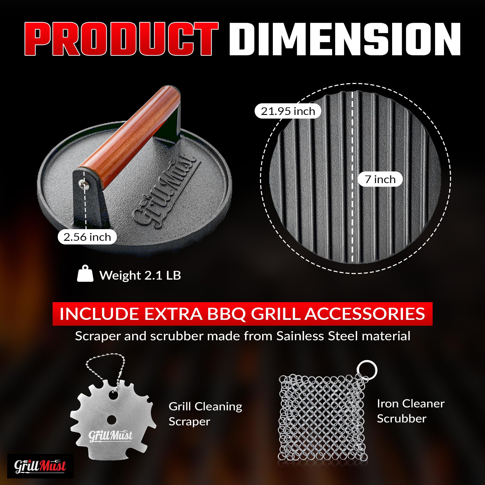 Prensa para hamburguesas de parrilla premium para tocino: prensa de carne de 7 pulgadas de hierro fundido para tocino perfectamente sellado a la plancha | Juego de prensa de hamburguesas de
