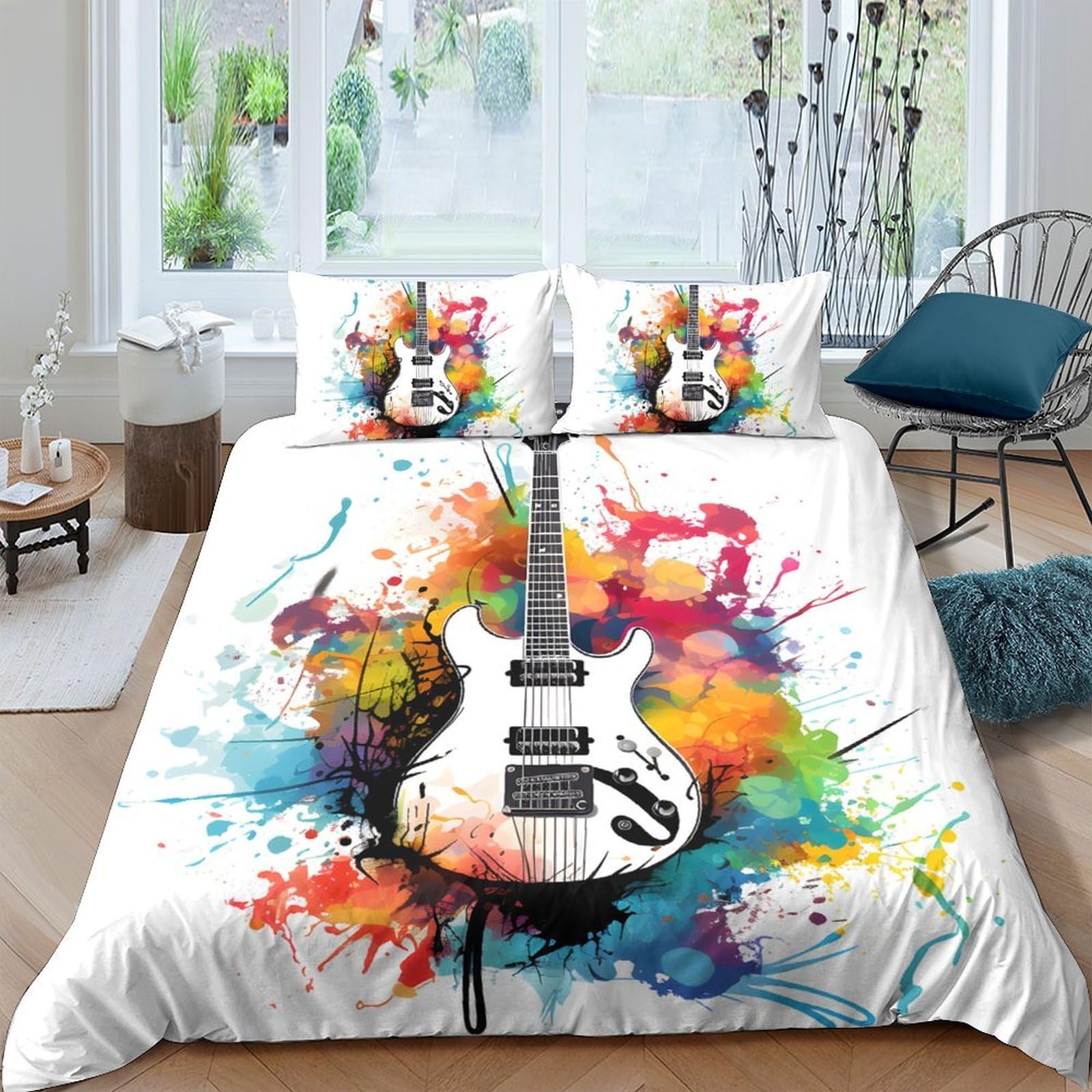 Ctjqhvkz Style-9 3D Printed Colorful Guitar Fitted Sheet Microfiber Vibrant Splash Bed Cover For Bedroom Guest Room Mattress Protection Single（135X200cm）