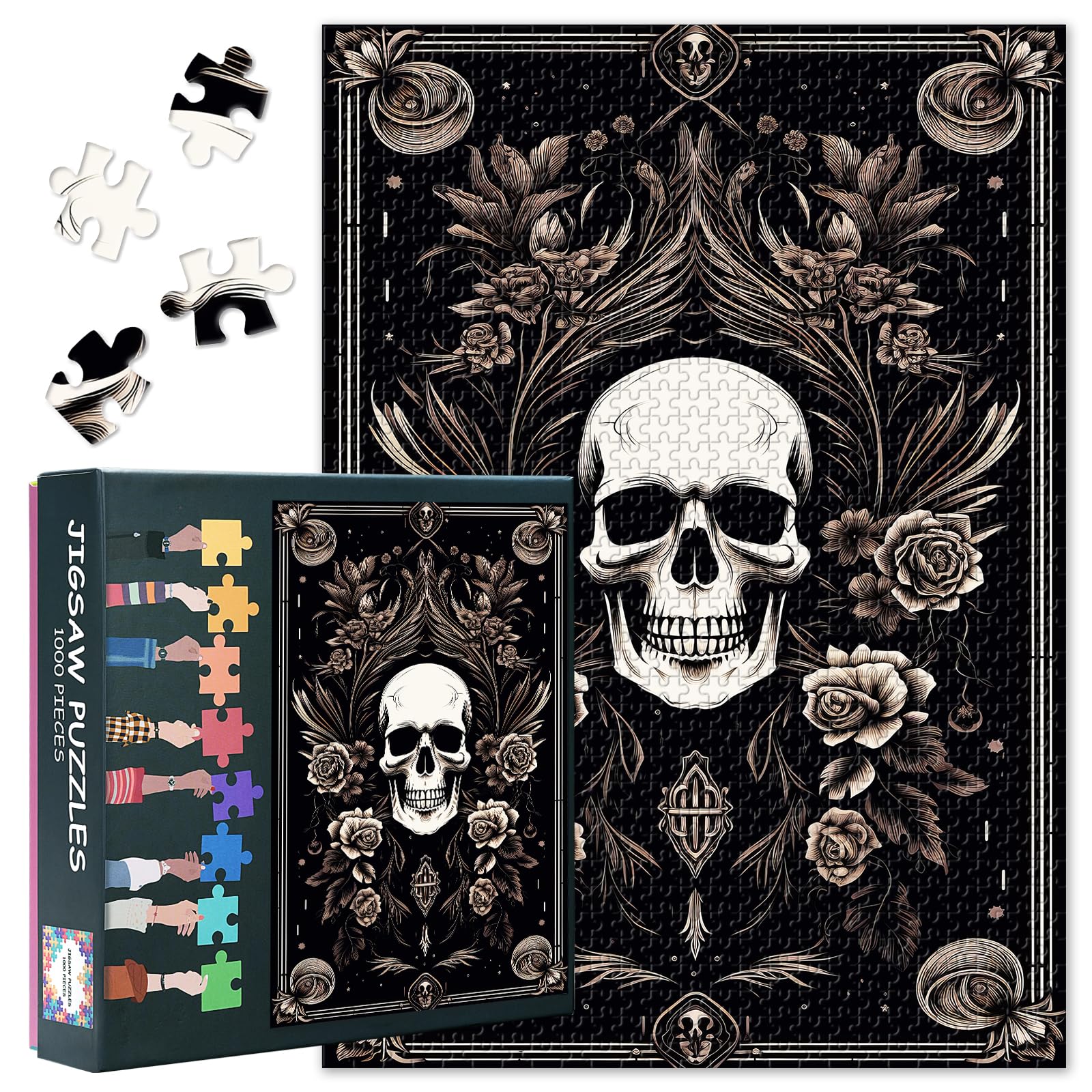 Darkness Jigsaw Puzzles, Skull and Roses on a Black Background Puzzle for Adults 1000 Pieces, Impossible Challenging Difficult Jigsaw Puzzles for Adults, 19.5 x 27.5 Inch — image 1