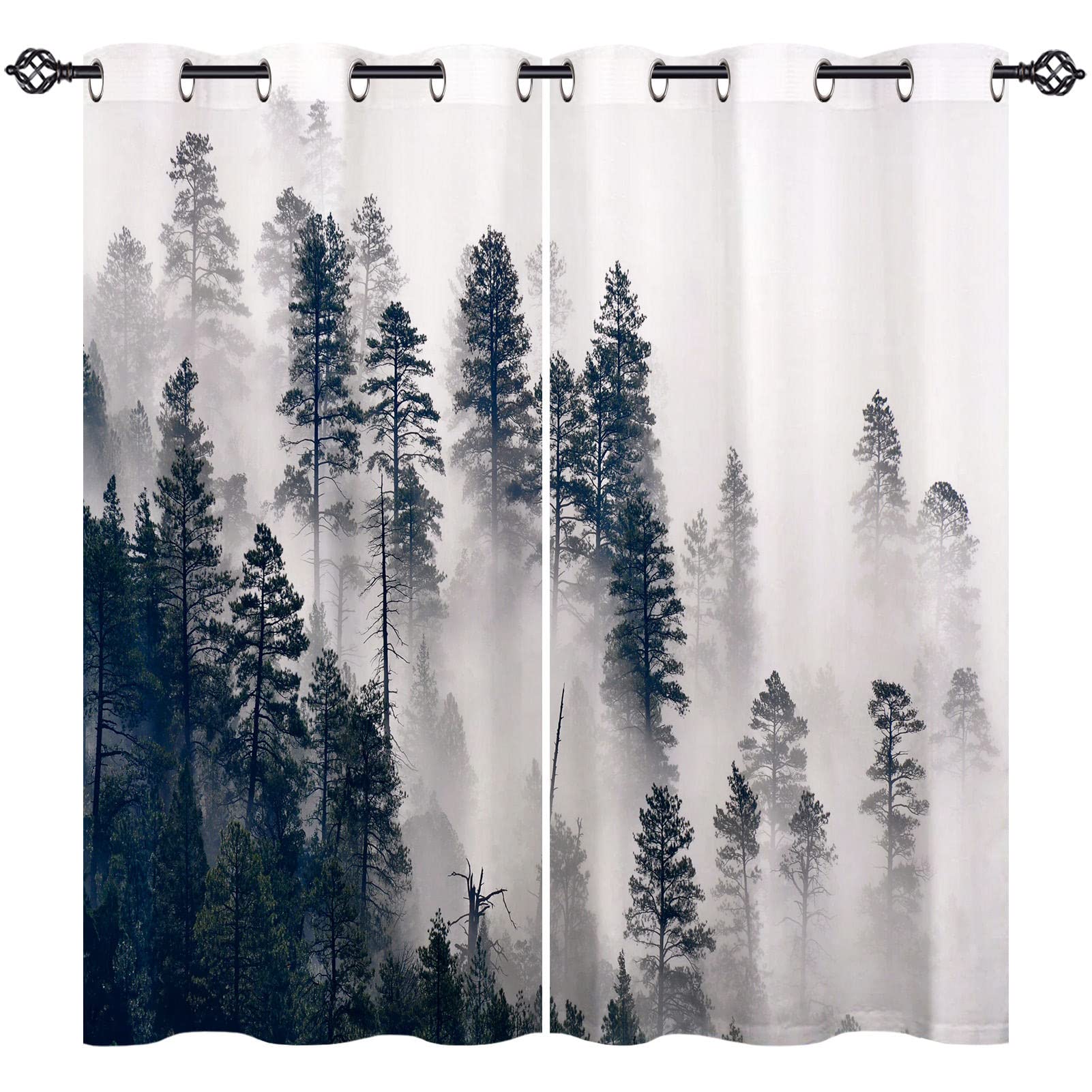 ANHOPE Misty Forest Curtains Eyelet 80% Blackout Room Darkening Curtains with Foggy Mountain Woodland Tree Print Pattern Light Blocking Window Drapes for Bedroom Living Room 46 x 54 Inch Drop 2 Panels