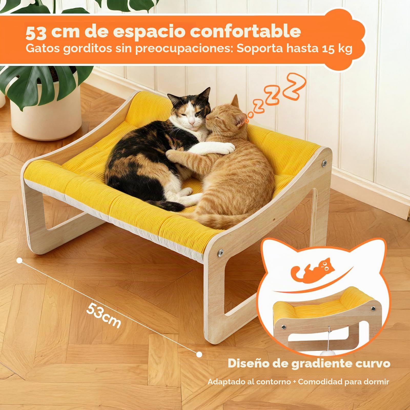 Cama elevada para gatos de madera, sofá para gatos amarillo sol, 53 x 40 cm, silla de gato moderna con funda de colchón extraíble, soporta hasta 15 kg