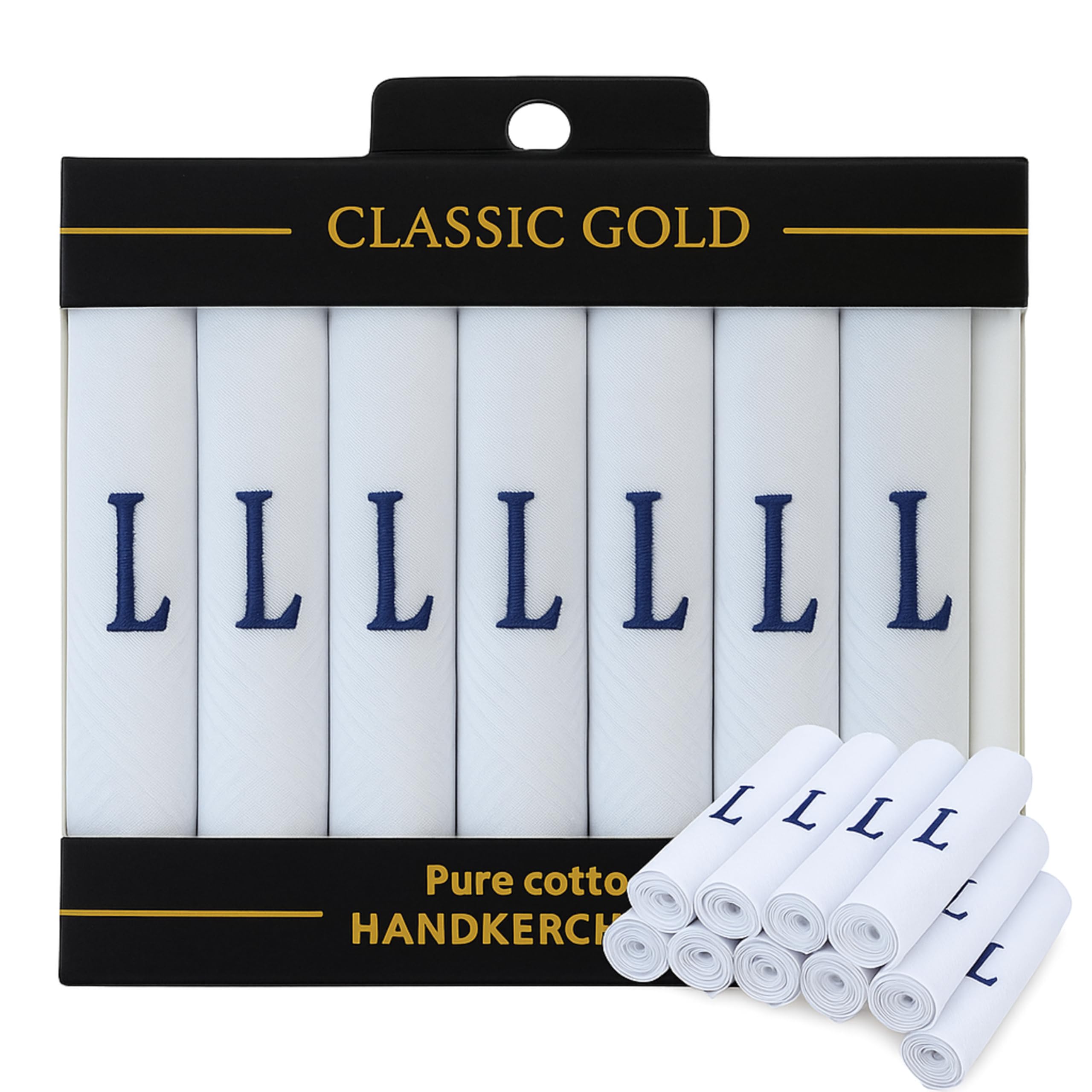7 Pack of Mens/Gentlemens White Satin Bordered Handkerchiefs with & Black Embroidered Initials, L, One Size