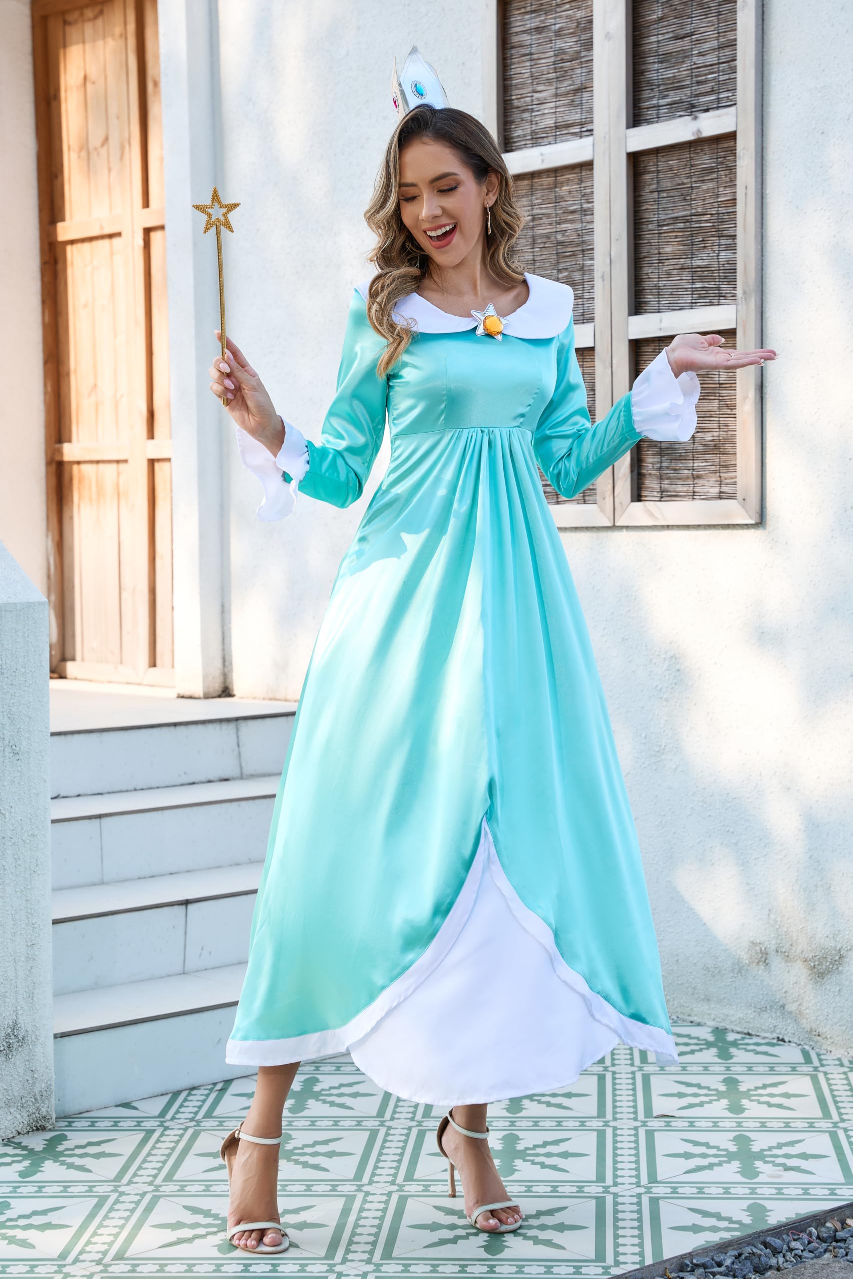 PAINEOMN Princess Dress for Women Halloween Princess Cosplay Costume Crown Earrings Gloves Set Adult Fancy Dress Suit: Princess Daisy Medium