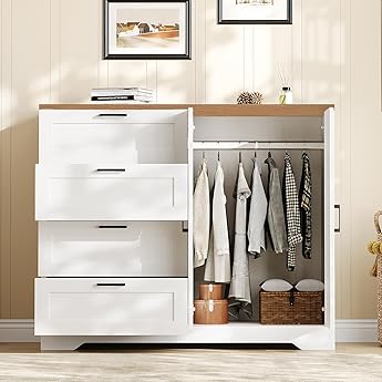 GarveeHome Multifunctional Wooden Dresser for Bedroom, 43.3'' H 2 Door Wardrobe Armoire Closet with 4 Drawers and Hanging Rod, Low Storage Cabinet for Hanging Cloth, White and Brown