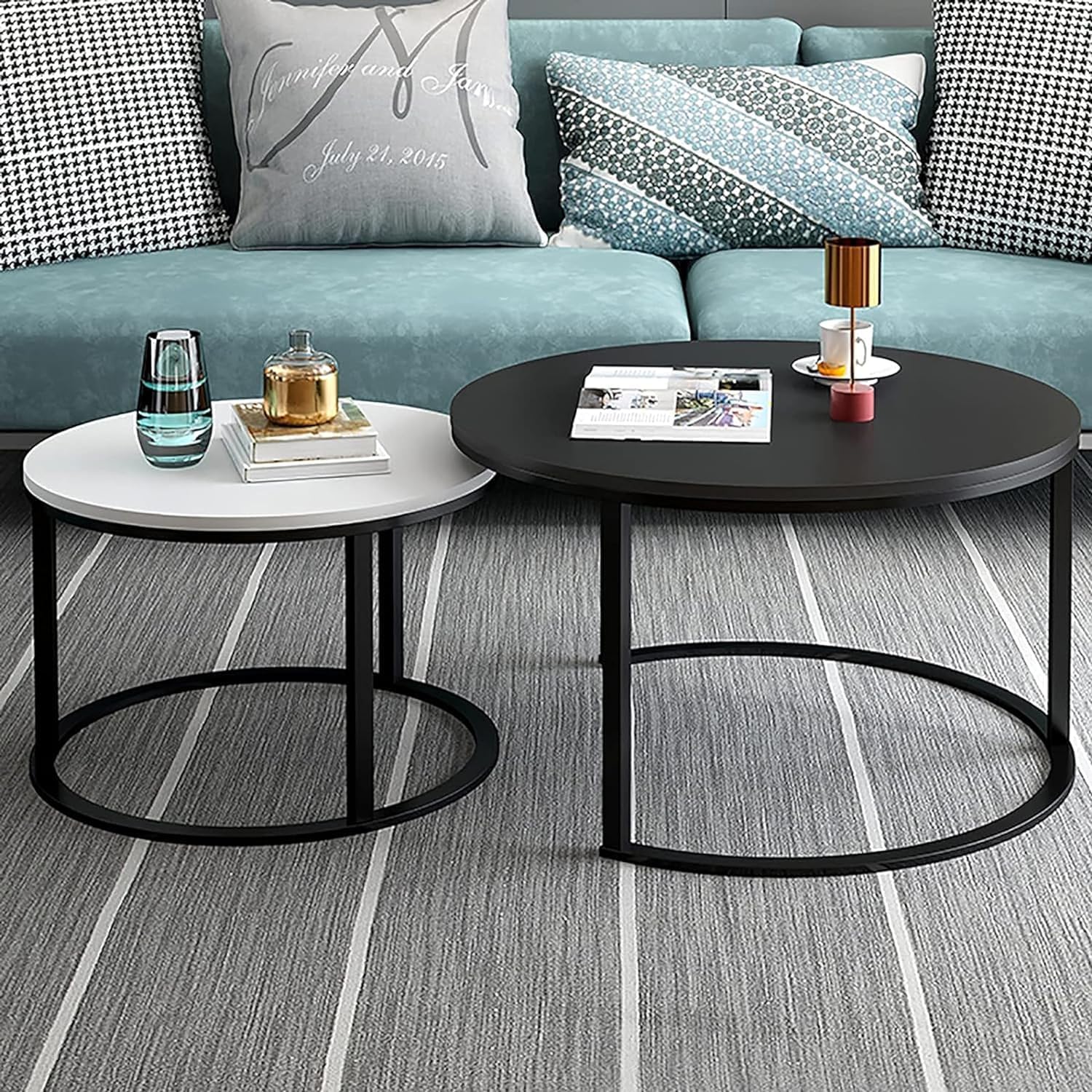 LIVE TOUCH Two Modern Nesting Coffee Tables in a Round Shape with a Wood Side and a Sturdy Metal Frame for use in a Living Room, Balcony, or Garden [Black White] (B0D11ZSVKZ) Amazon Price History, Amazon Price Tracker