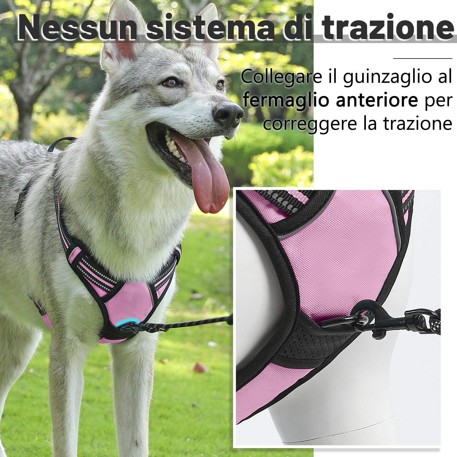 COMSLE Pettorina Cane Taglia Grande Media Piccola, Pettorina per Cani Anti Tiro Riflettente, Imbracatura Regolabile Cani con 2 Ganci in Metallo per Addestramento Corsa (Rosa, M)