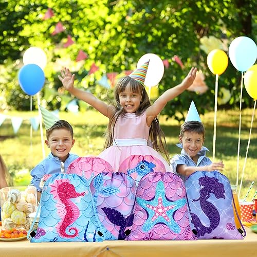 Miniatura 6 de 16 bolsas de regalo de fiesta de sirena, bolsas de regalo con cordón para fiesta de sirena, bolsas de regalo bajo el mar del océano, bolsas de