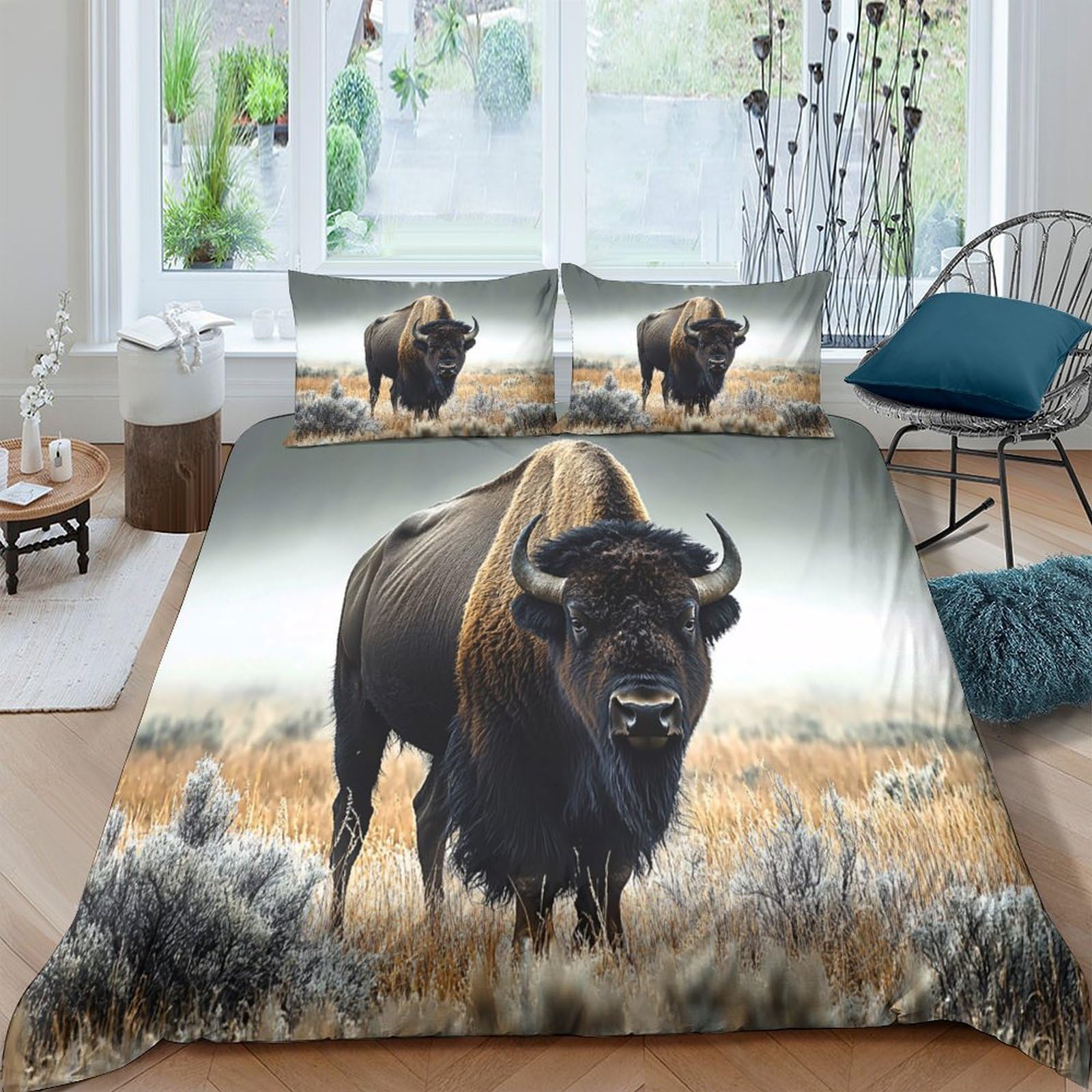 Ctjqhvkz Style-3 3D Printed Bison Prairie Fitted Sheet Microfiber Soft Anti-Slip Wild Grass Bed Cover Bedroom Decor Easy Care Single（135X200cm）