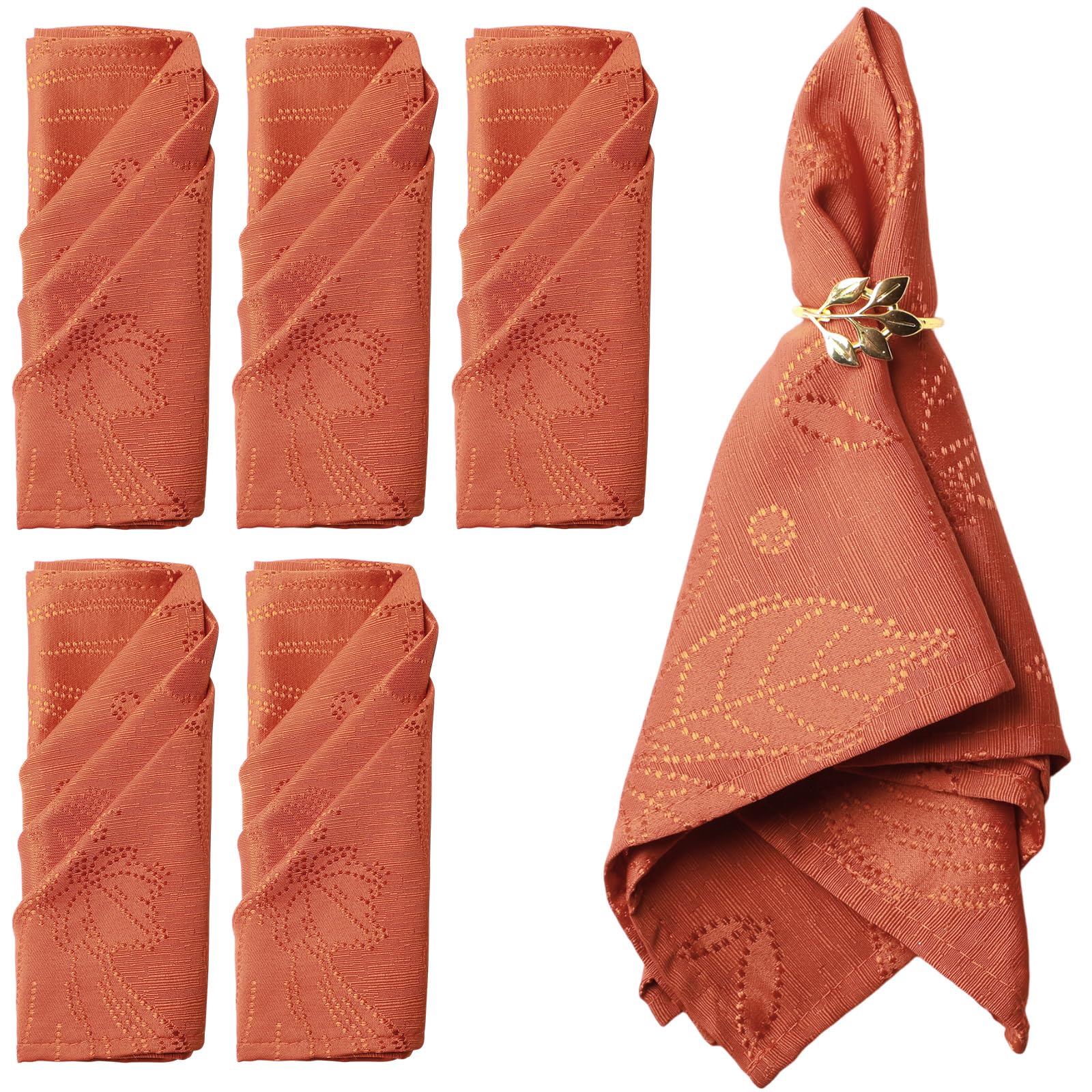 Servilletas de tela de damasco jacquard de otoño de 16.5 x 16.5 pulgadas, servilletas de poliéster naranja quemado para otoño, Acción de Gracias, boda, fiesta, suministros de mesa (6 piezas)