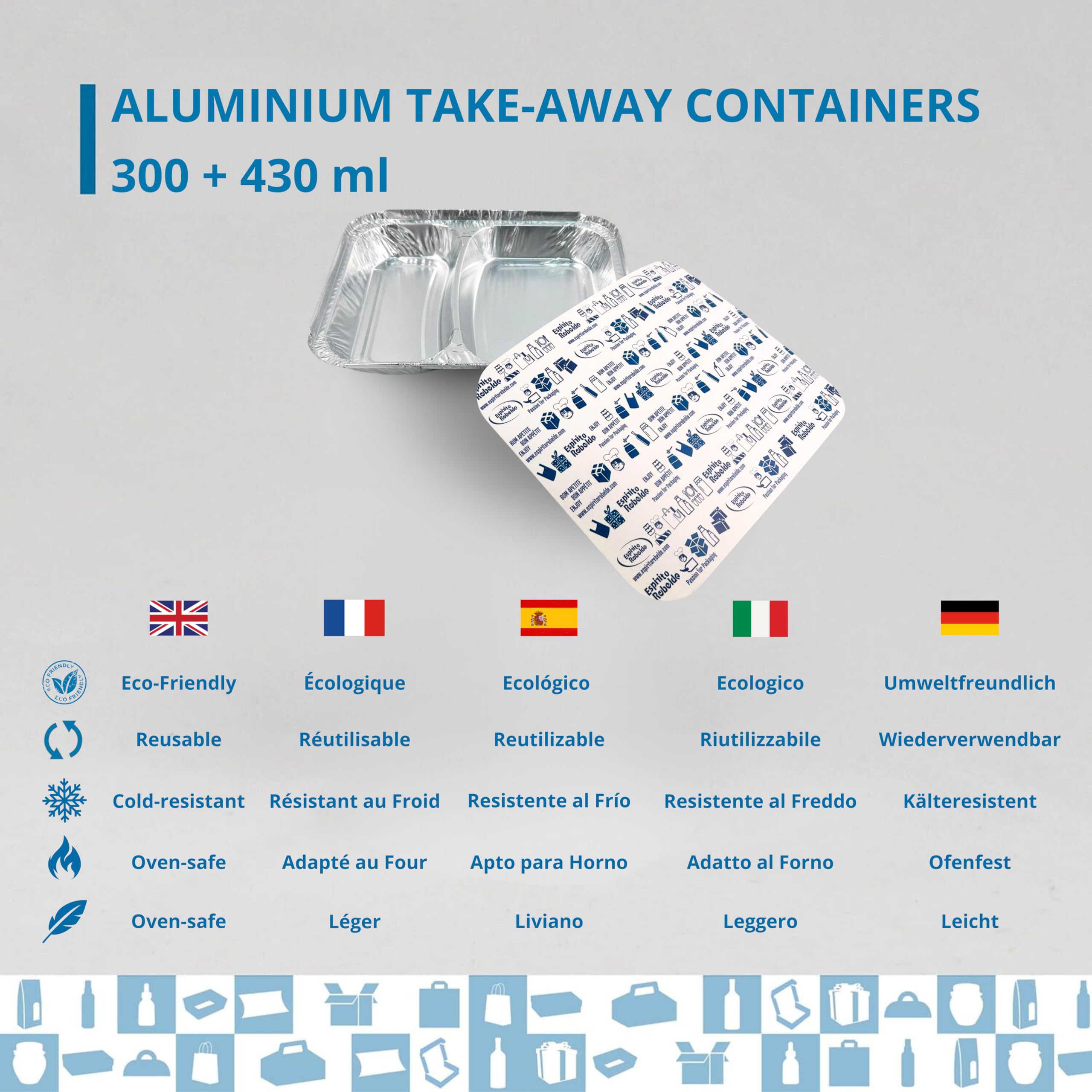 Set di 100 vassoi in alluminio con coperchio alimentare usa e getta, 300 ml+430 ml, confezione per alimenti perfetta per barbecue, trasporto di cibo, cucina o congelamento