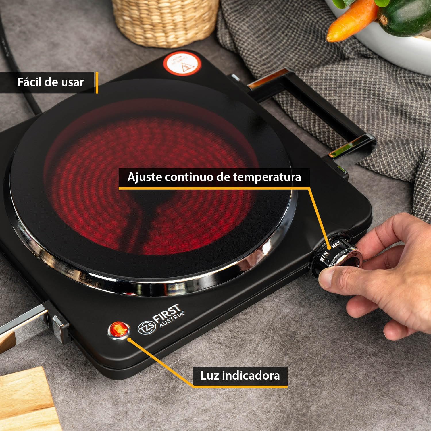 TZS First Austria placa vitrocerámica de infrarrojos, placa de cocina individual 22 cm | Compatible con todo tipo de ollas | Calentamiento rápido, regulación continua, luz indicadora