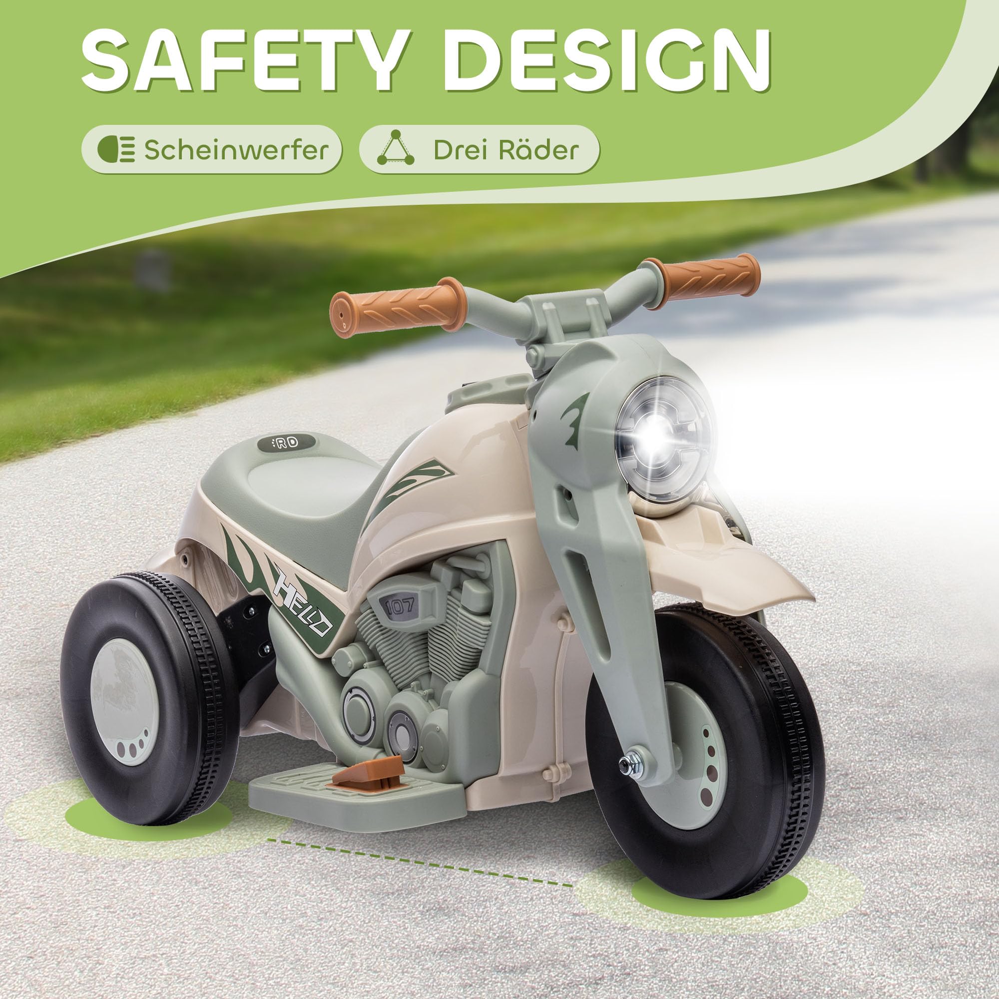 Moto elettrica per bambini AIYAPLAY, moto per bambini da 6V con musica, bolle di sapone, veicolo per bambini con faro, 2,5-3 km/h, per bambini da 2 a 5 anni, max. 30 kg, bianco crema