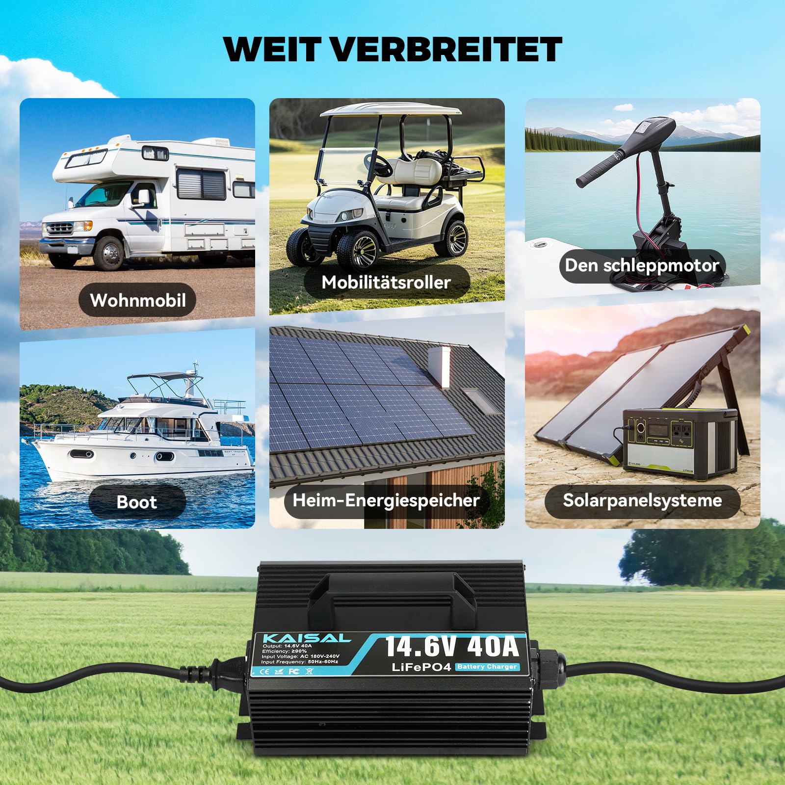 KAISAL 14.6V 40A LiFePO4 Ladegerät, LiFePO4 Batterieladegerät für 12V/12.8V Lithium-Eisenphosphat-Batterien, 12V Lithium Ladegerät mit Anderson Stecker, für Wohnmobil, Boote, Solar Home Systeme