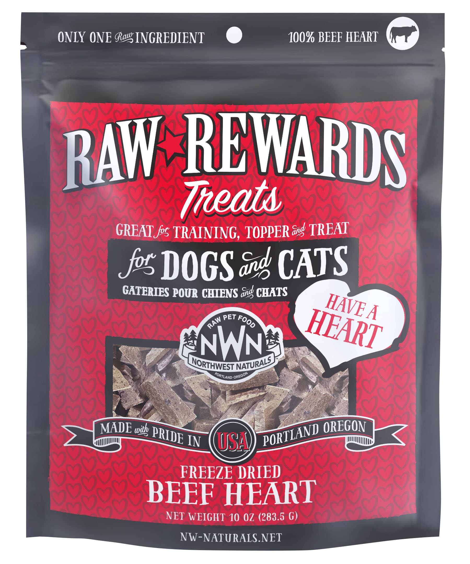Northwest Naturals Raw Rewards Freeze-Dried Beef Heart Treats for Dogs and Cats - Bite-Sized Pieces - Healthy, 1 Ingredient, Human Grade Pet Food, All Natural - 10 Oz