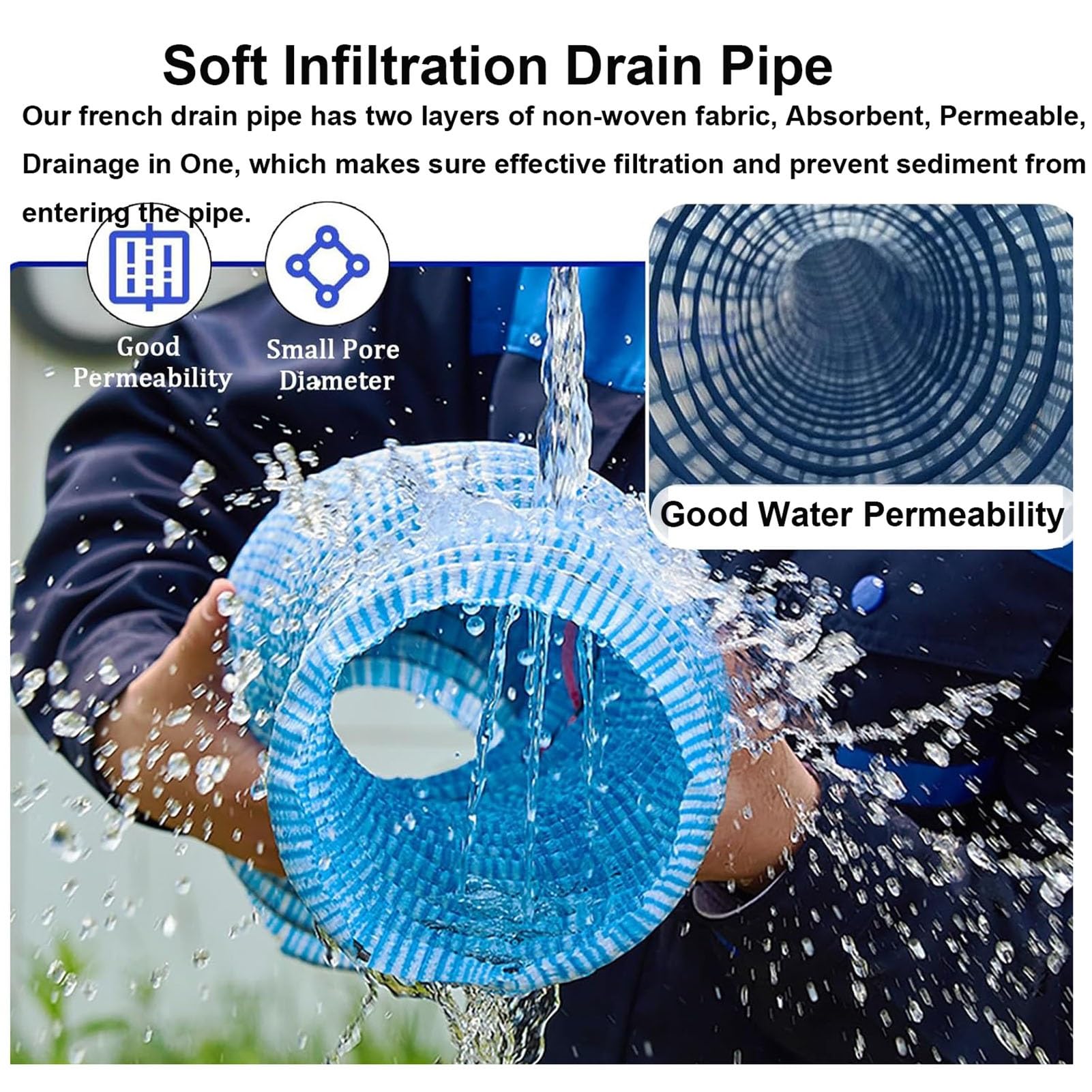 Extension/Flexible/Landscaping Drain Pipe, Yard Garden Lawn Underground Drain Tube Perforated, Non Woven Fabric Soft Permeable French Drain-Pipe for Prevent Erosion, Heavy Duty Ground Water Drainage(D